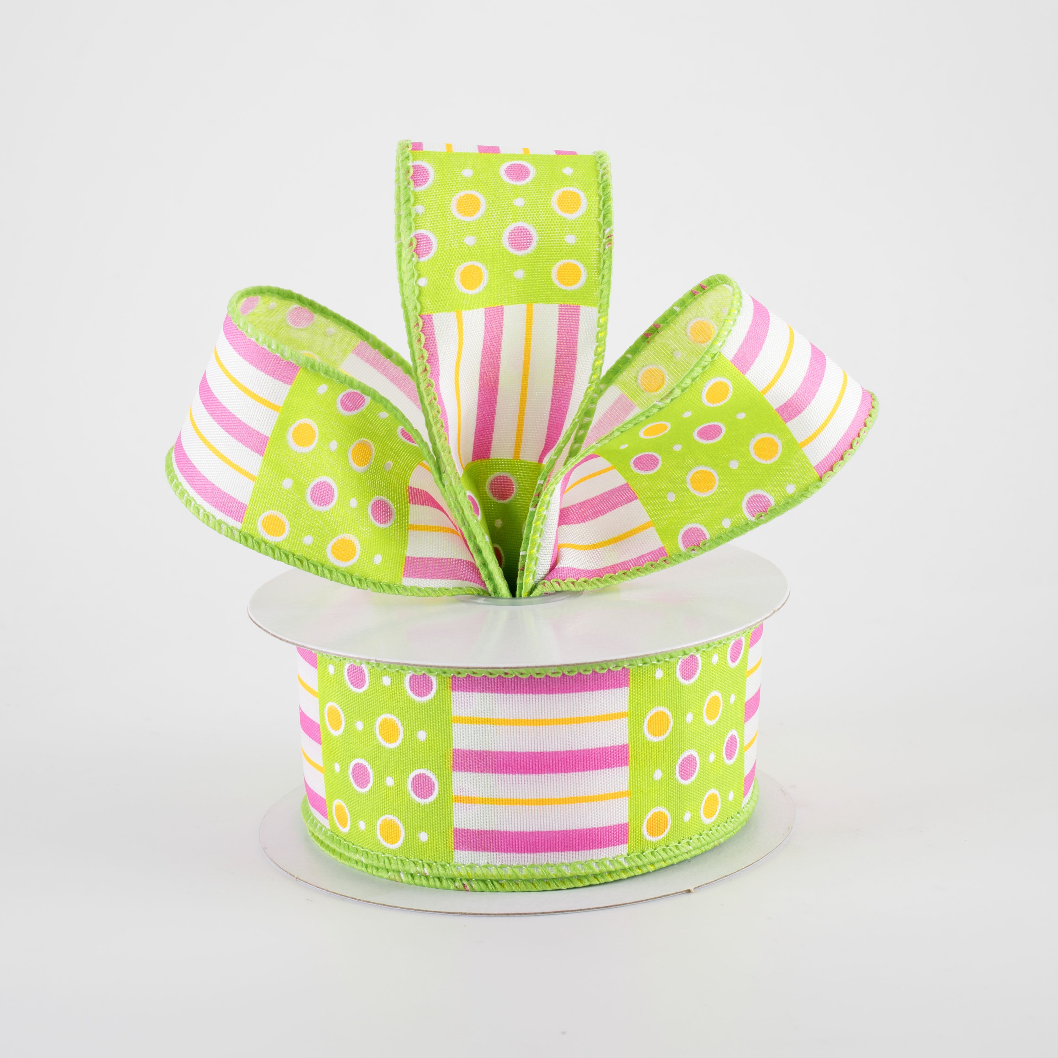 1.5" Jet Dots & Stripes Ribbon: Fuchsia Pink, Yellow & Lime Green (10 Yards)