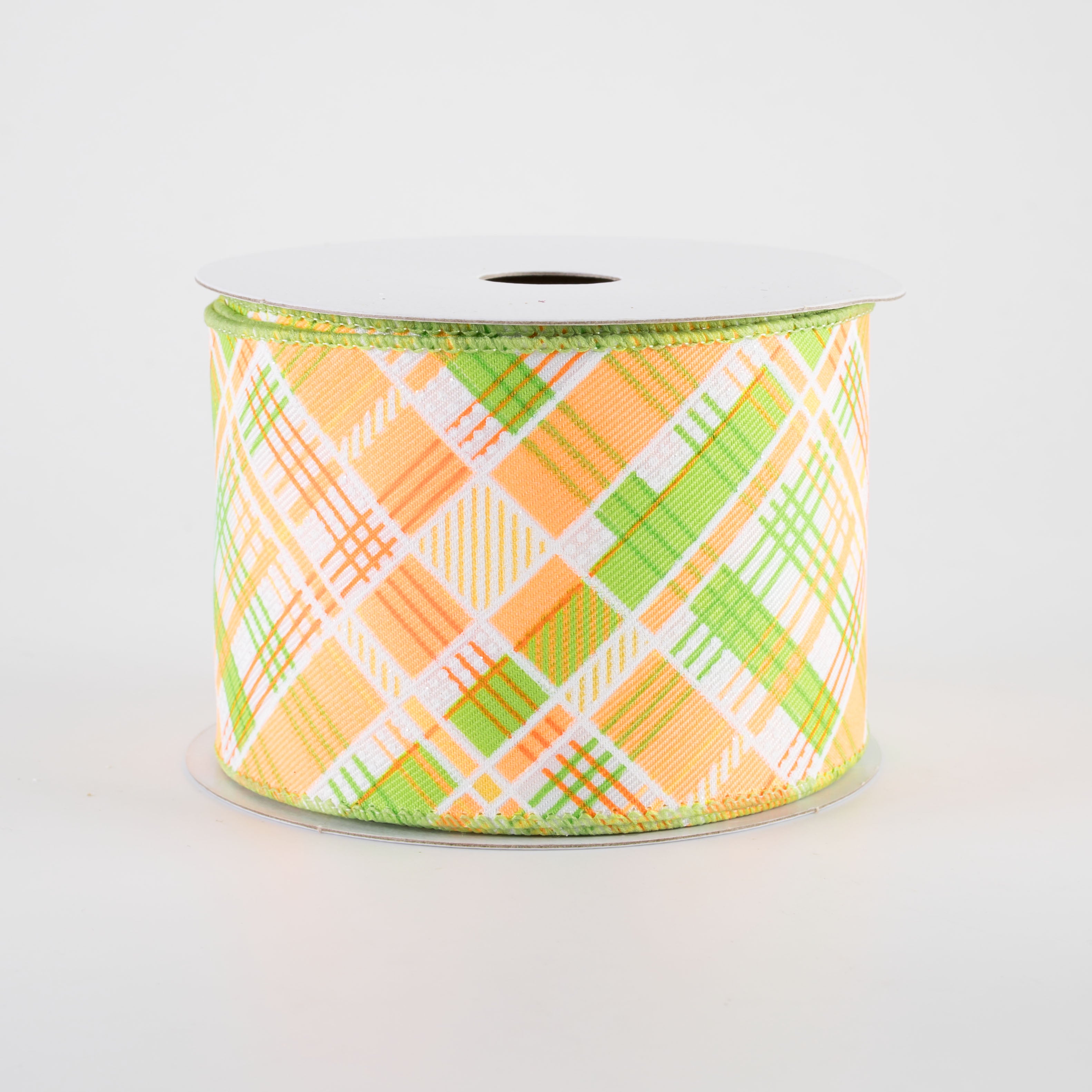 2.5" Printed Cabot Diagonal Plaid Ribbon: Neon Orange, Lime & White (10 Yards)