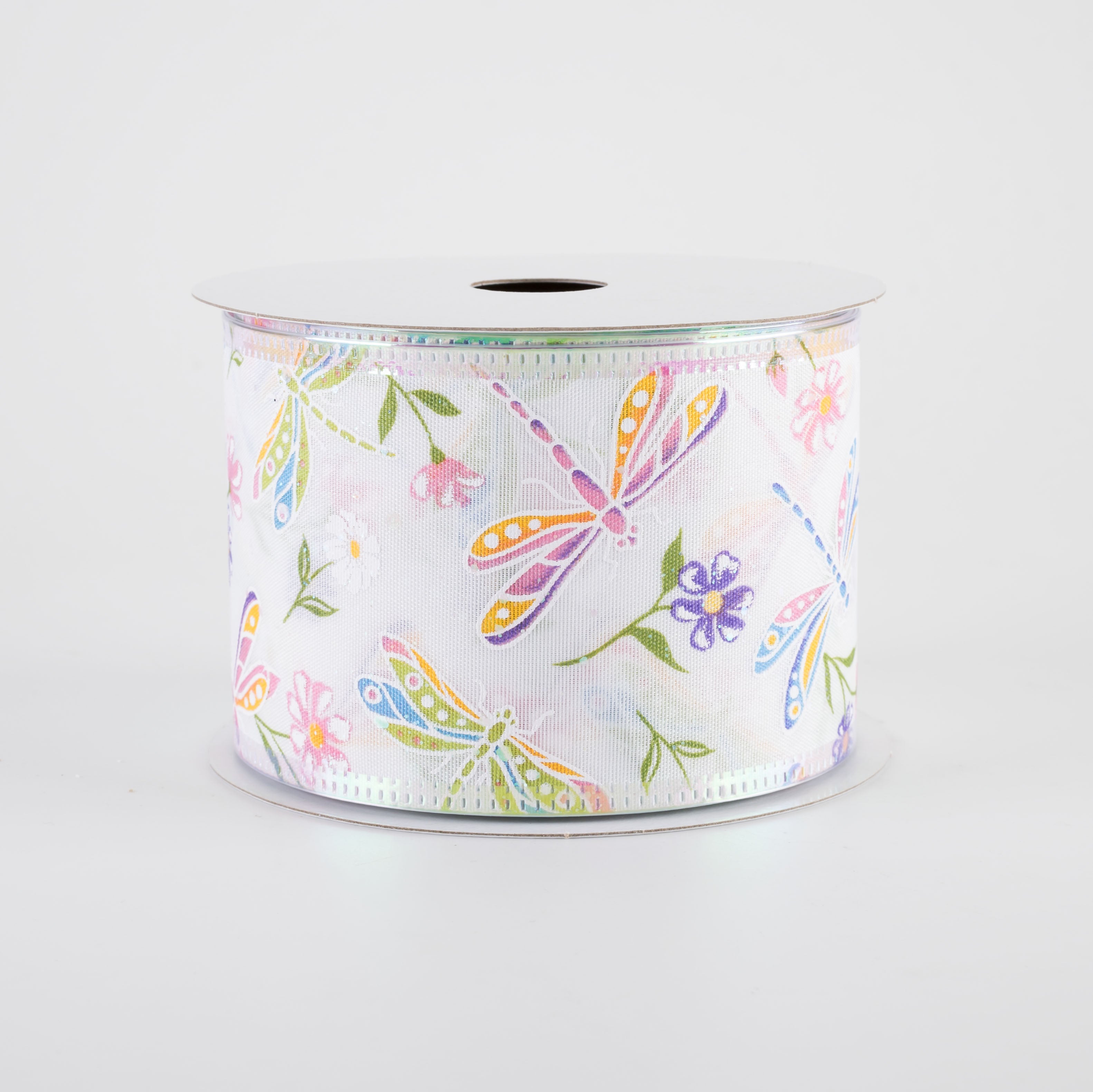 2.5" Iridescent Dragonflies & Flowers Ribbon: White (10 Yards)