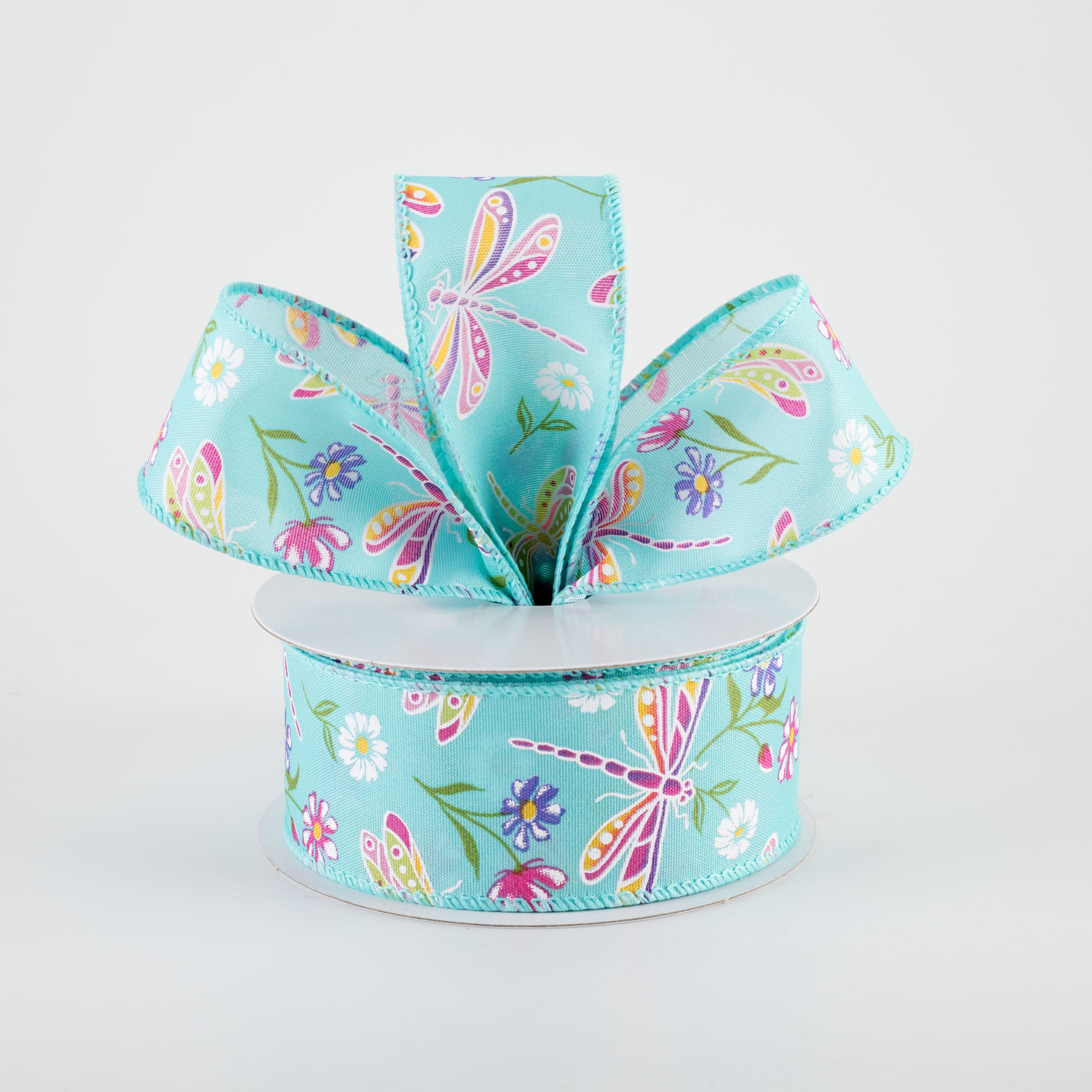 1.5" Dragonflies & Flowers Ribbon: Teal (10 Yards)