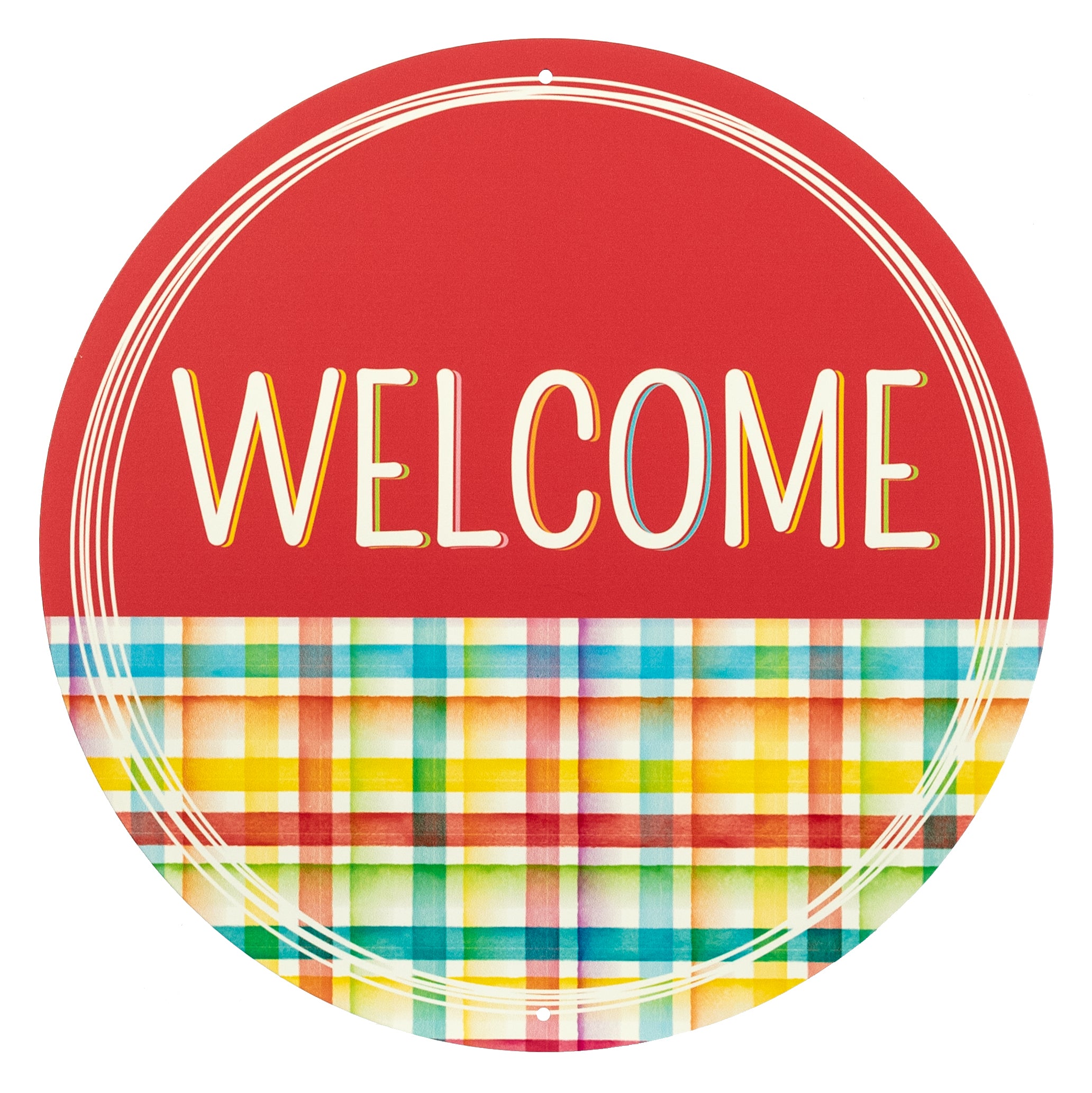 12" Round Metal Sign: Watercolor Plaid Welcome