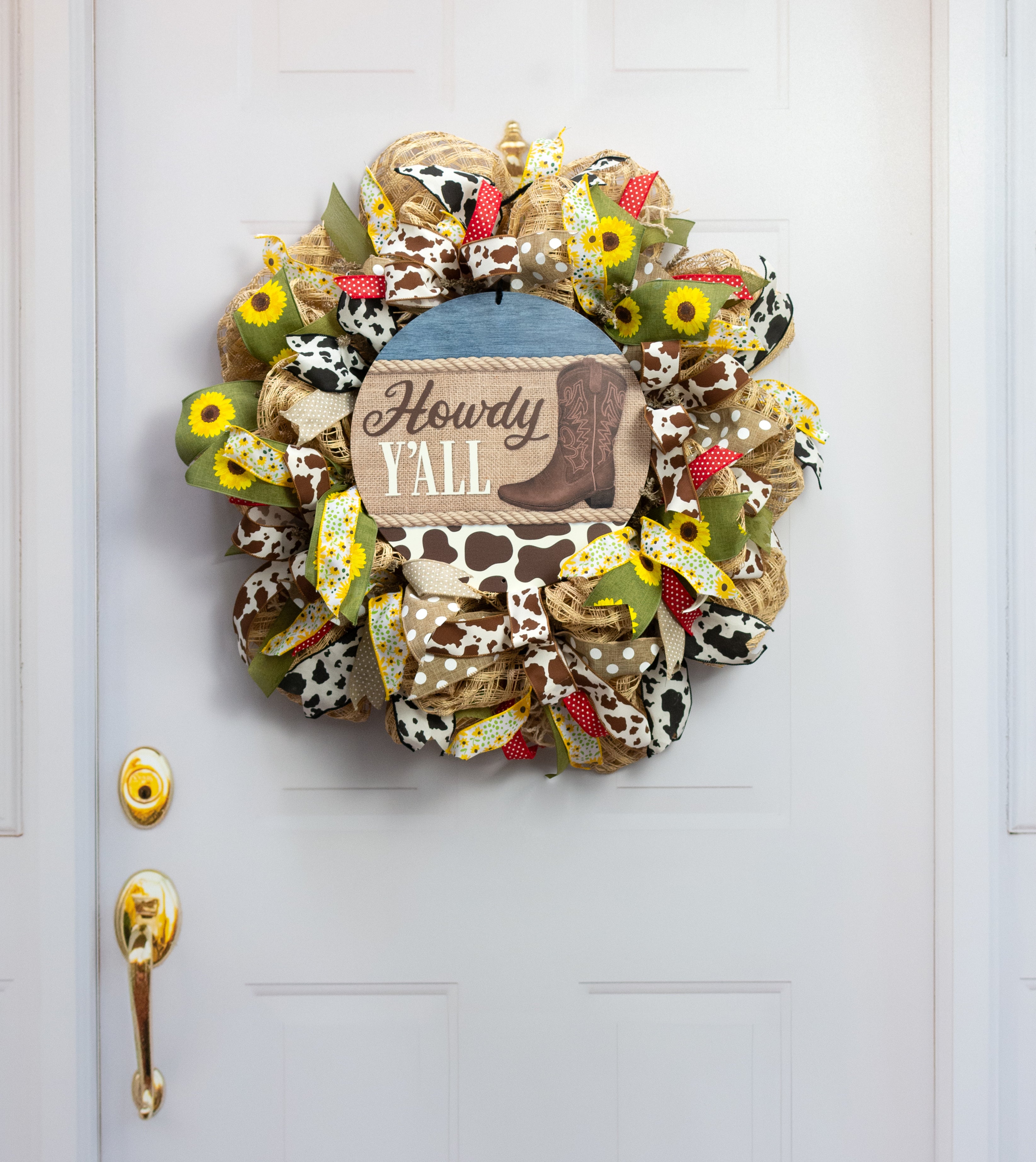 12" Round Metal Sign: Howdy Y'all Cowboy Boot Denim