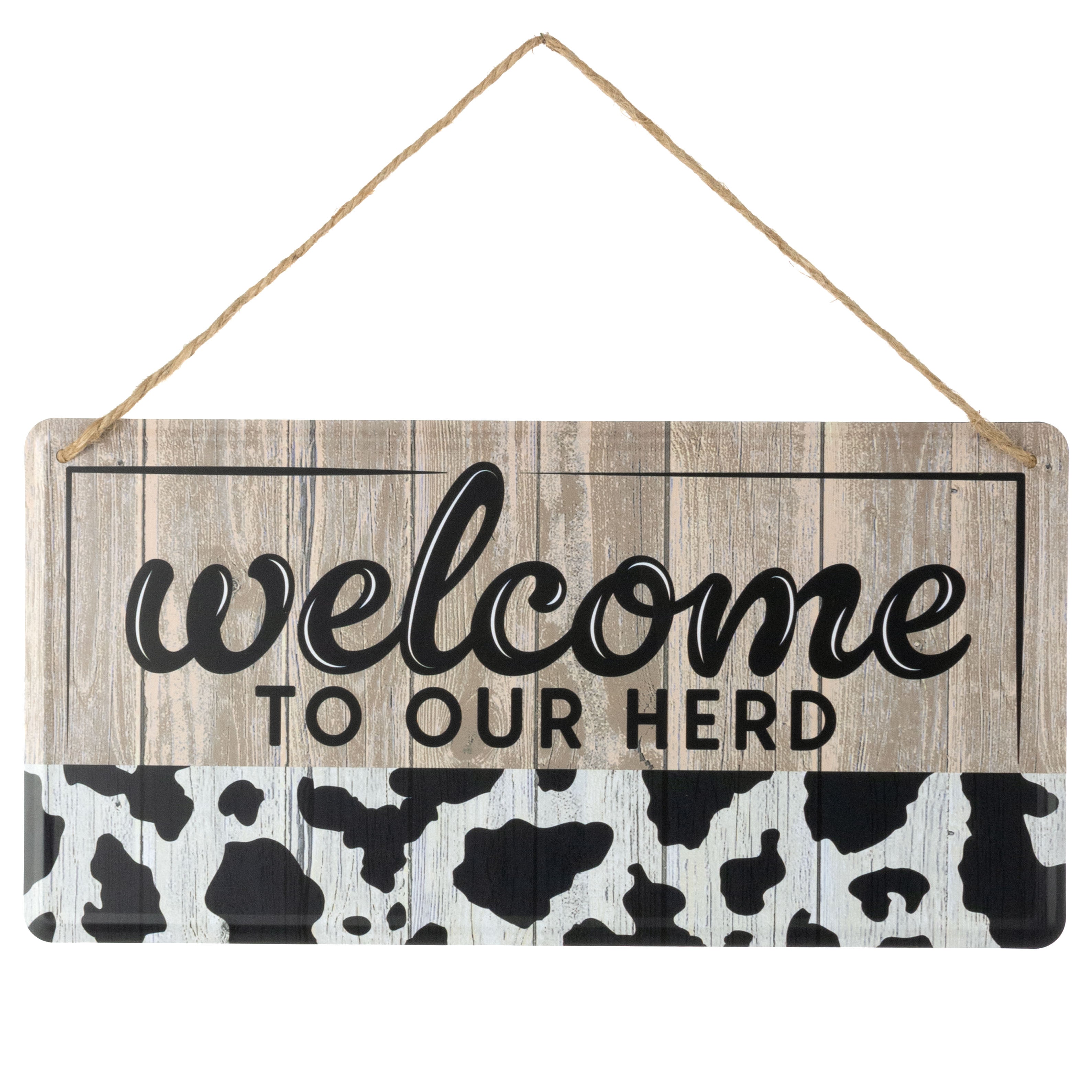 12" Embossed Tin Sign: Welcome to our Herd Black Cow Print