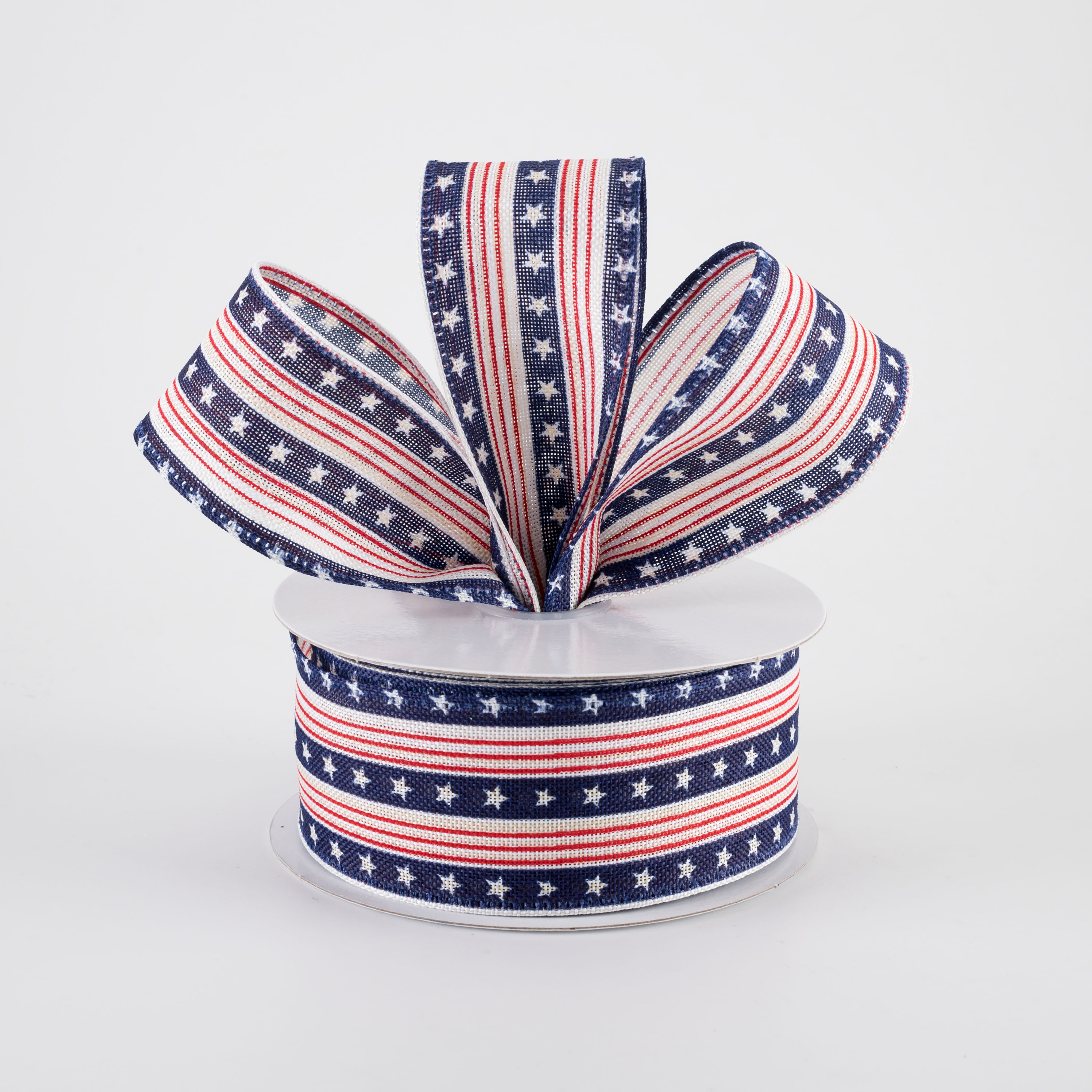 1.5" Linen Navy Stars & Red Stripes Ribbon: White (10 Yards)