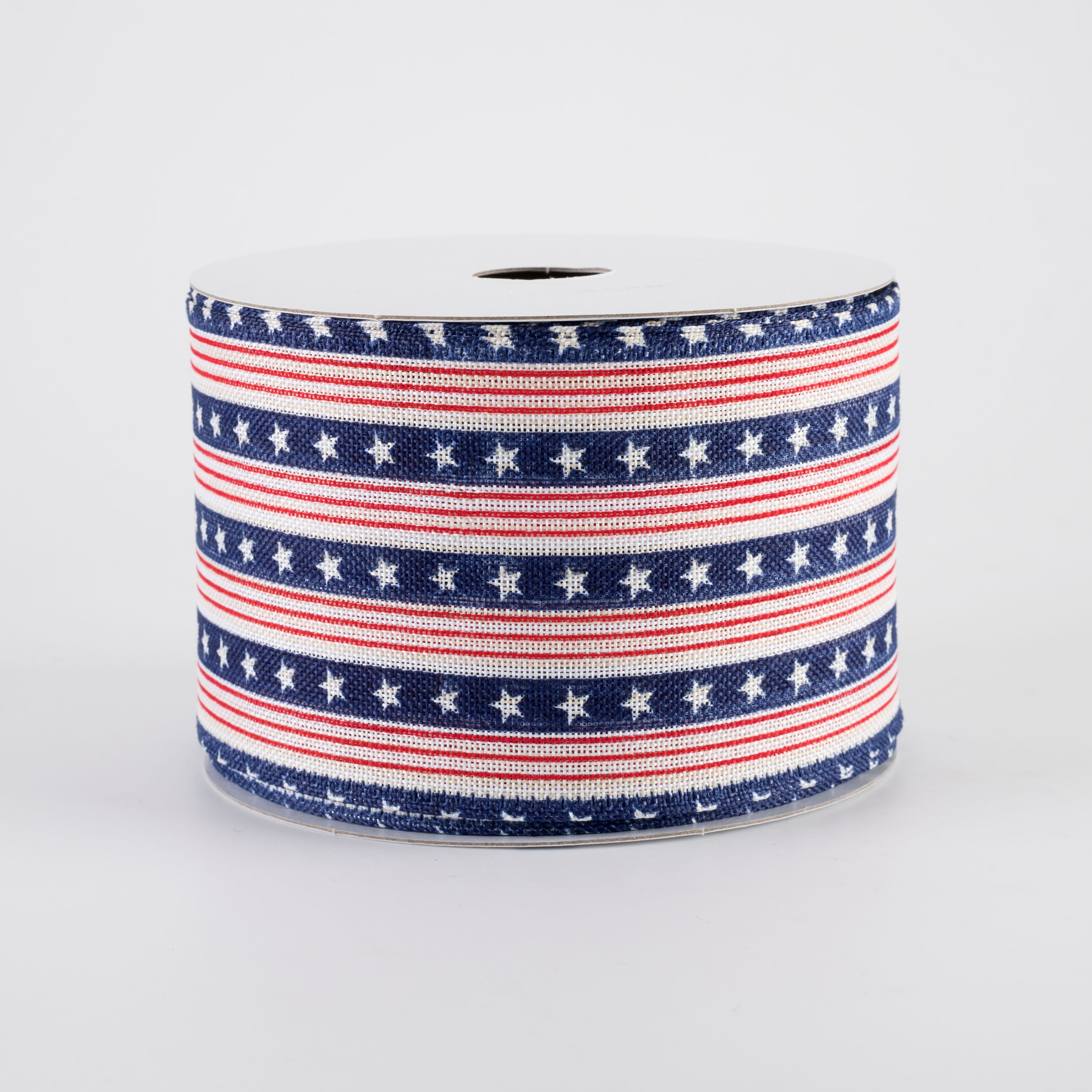 2.5" Linen Navy Stars & Red Stripes Ribbon: White (10 Yards)