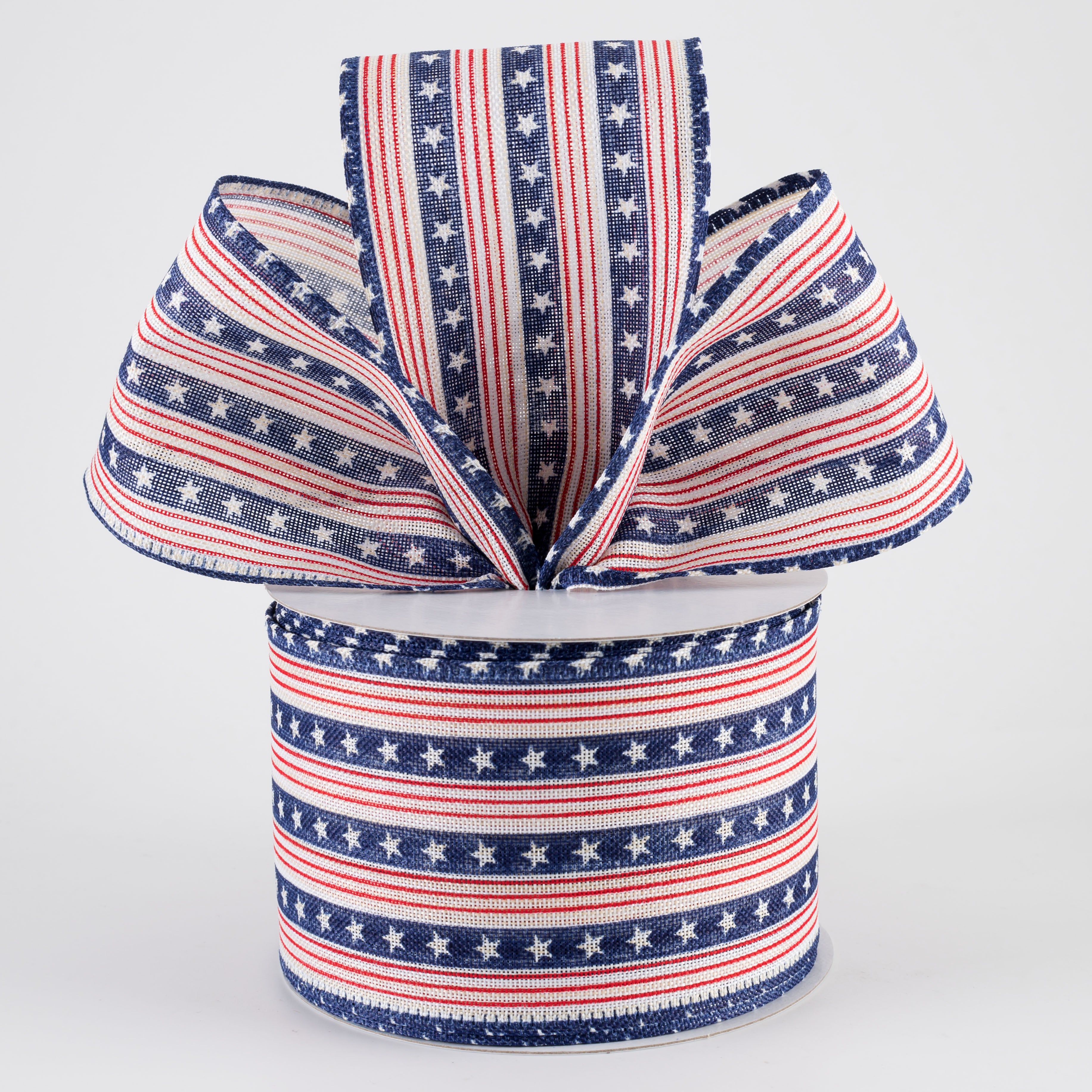 2.5" Linen Navy Stars & Red Stripes Ribbon: White (10 Yards)