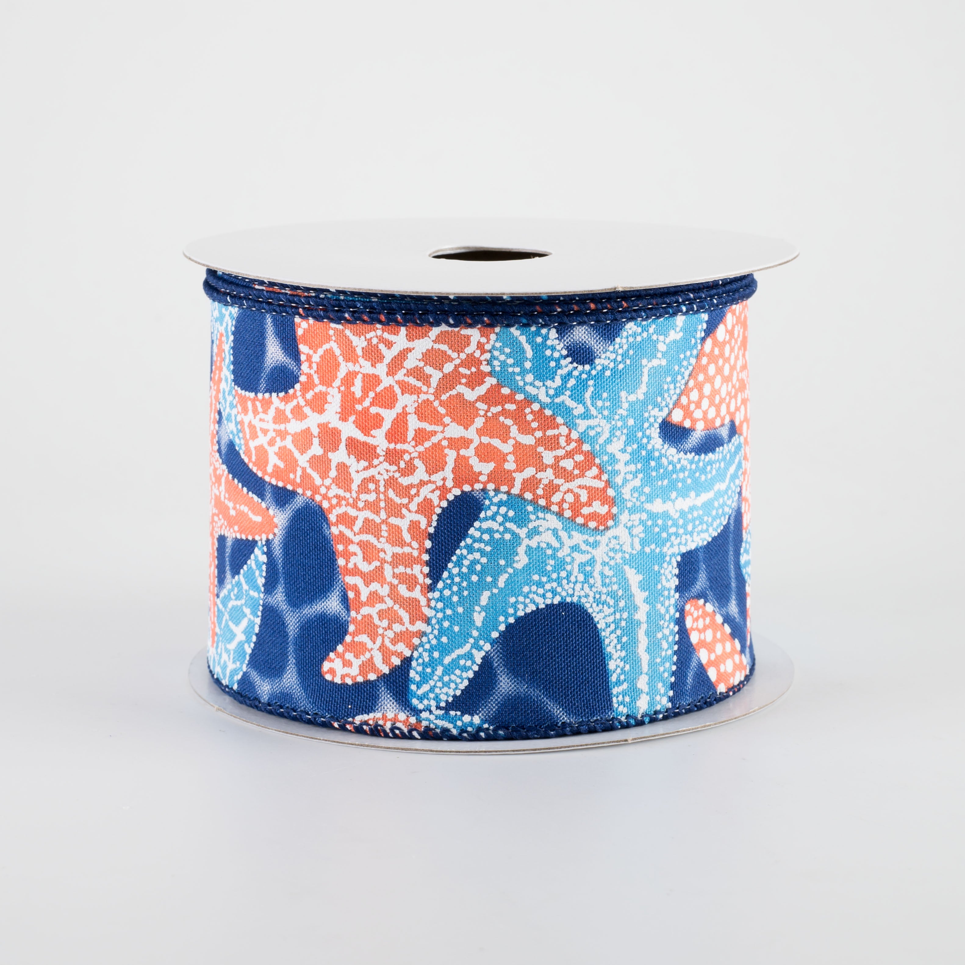 2.5" Starfish in Navy Water Ribbon: Coral & Blue (10 Yards)