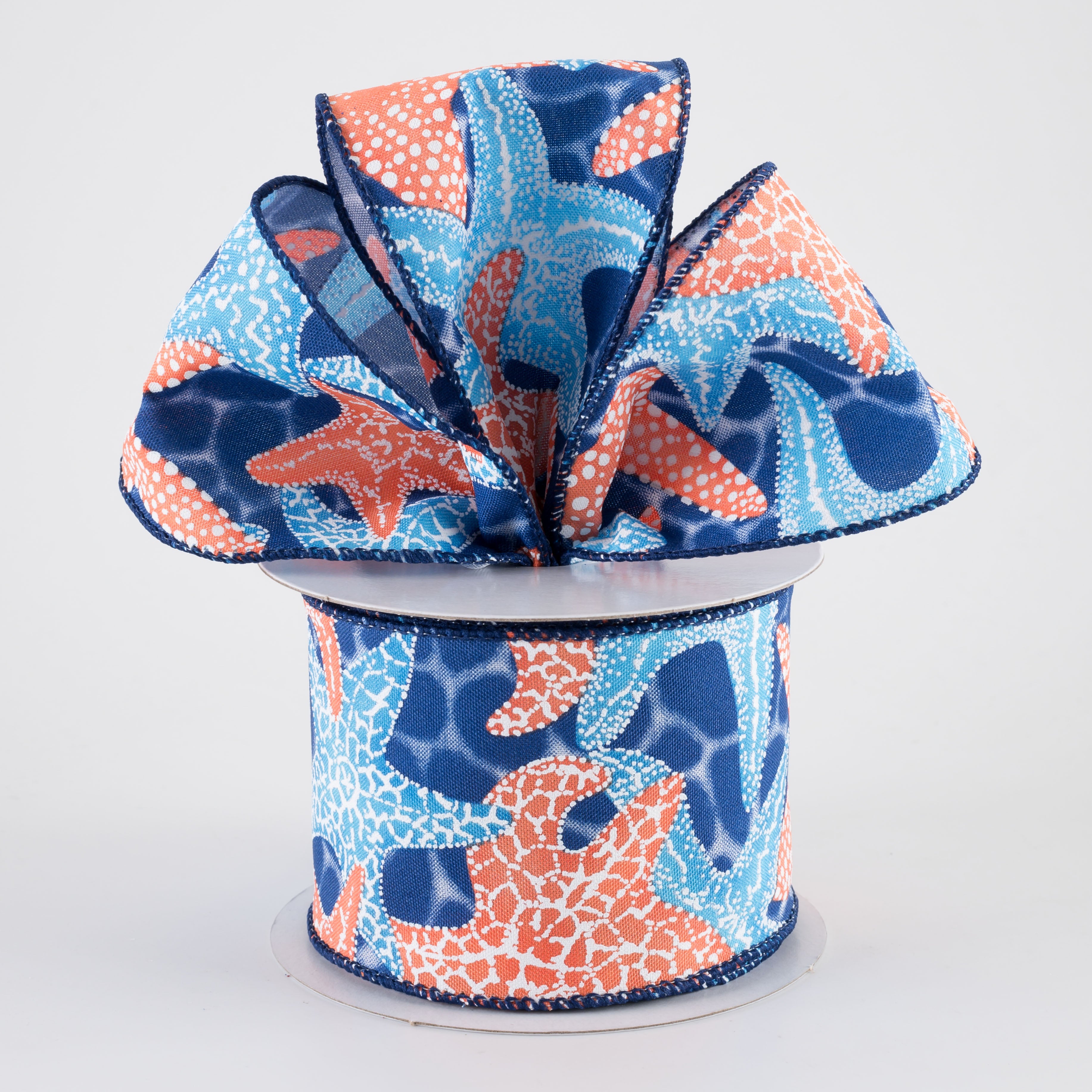 2.5" Starfish in Navy Water Ribbon: Coral & Blue (10 Yards)