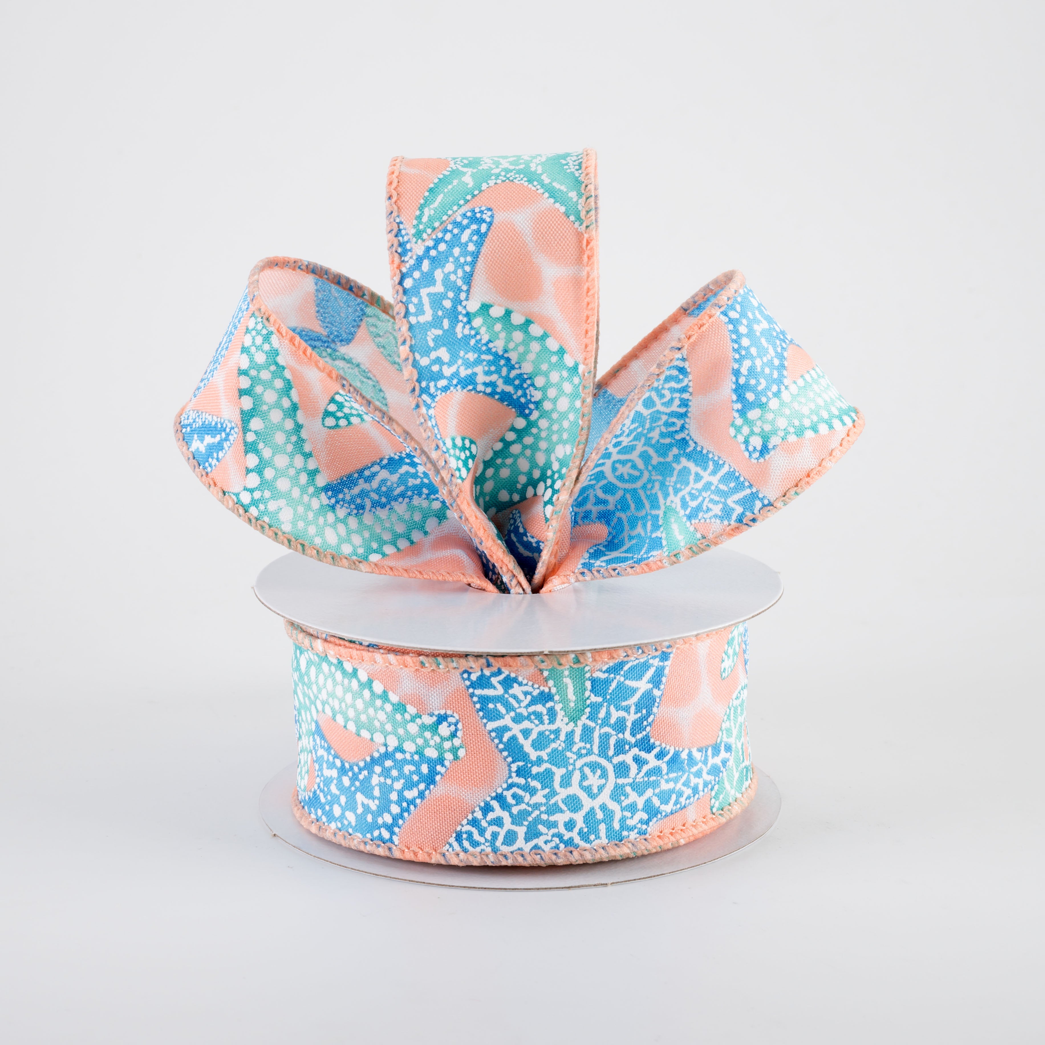 1.5" Starfish in Coral Water Ribbon: Teal & Blue (10 Yards)