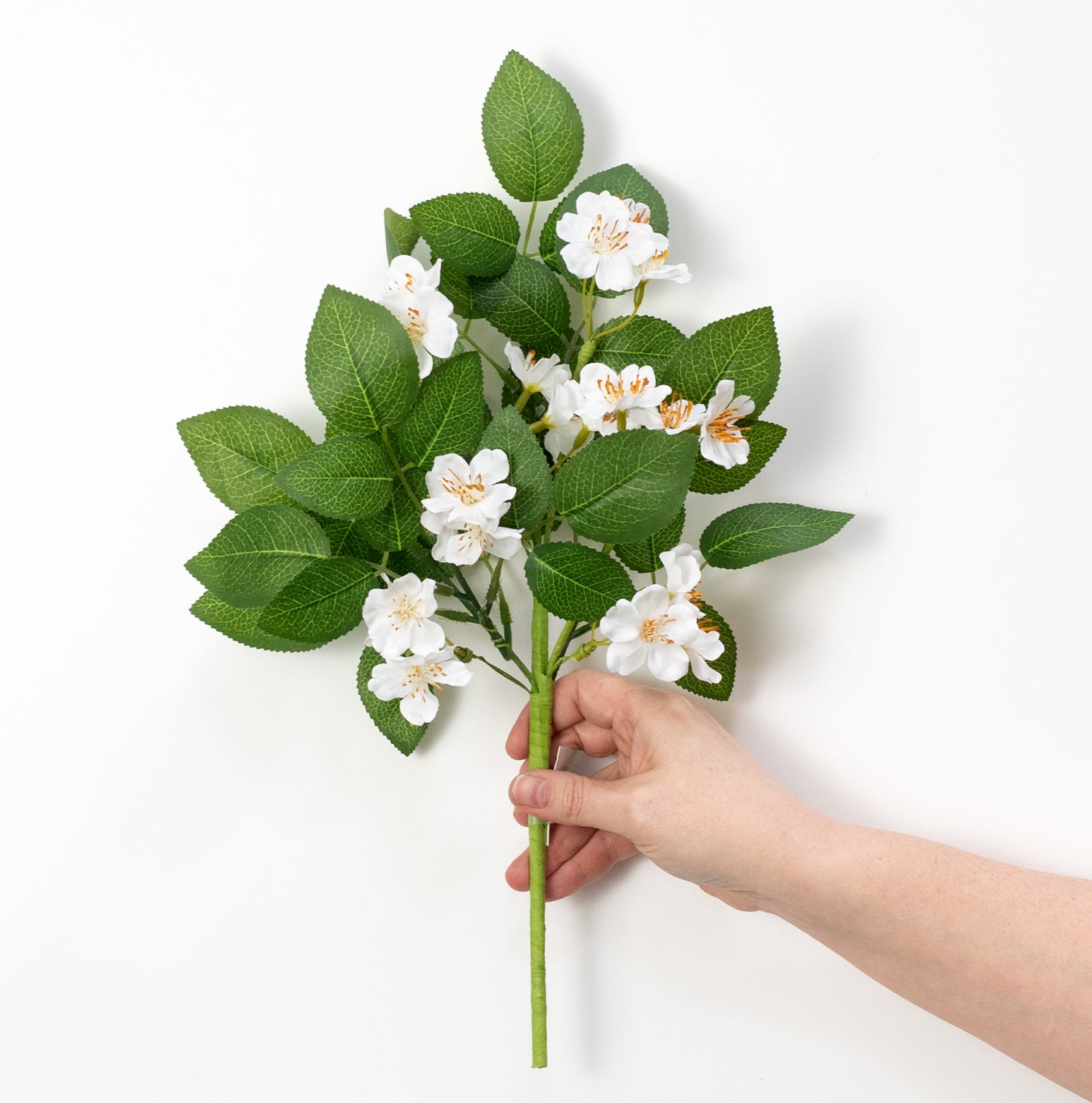16" Mini Wild Roses & Leaves Spray: White