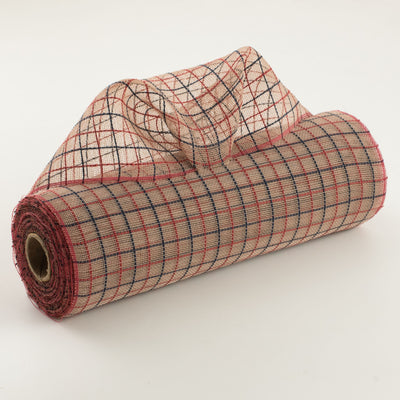 10" Fabric Fine Weave Check Mesh: Natural with Red & Navy