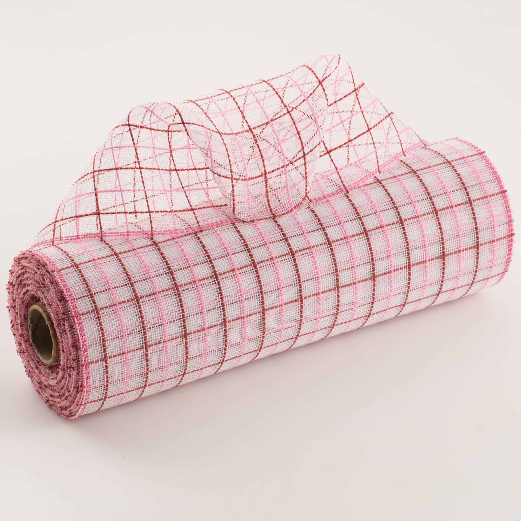 10" Fabric Fine Weave Check Mesh: White with Red & Pink