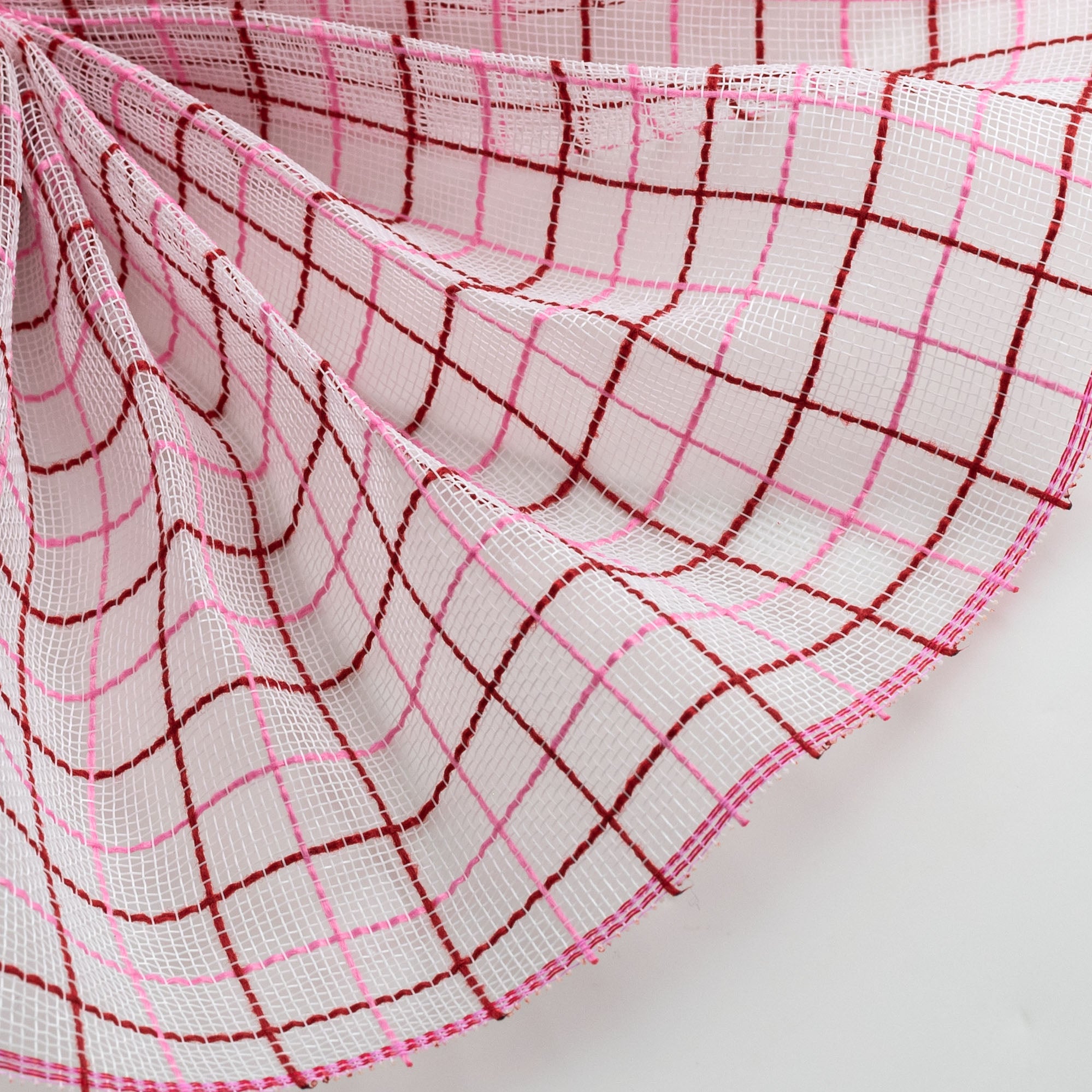 10" Fabric Fine Weave Check Mesh: White with Red & Pink