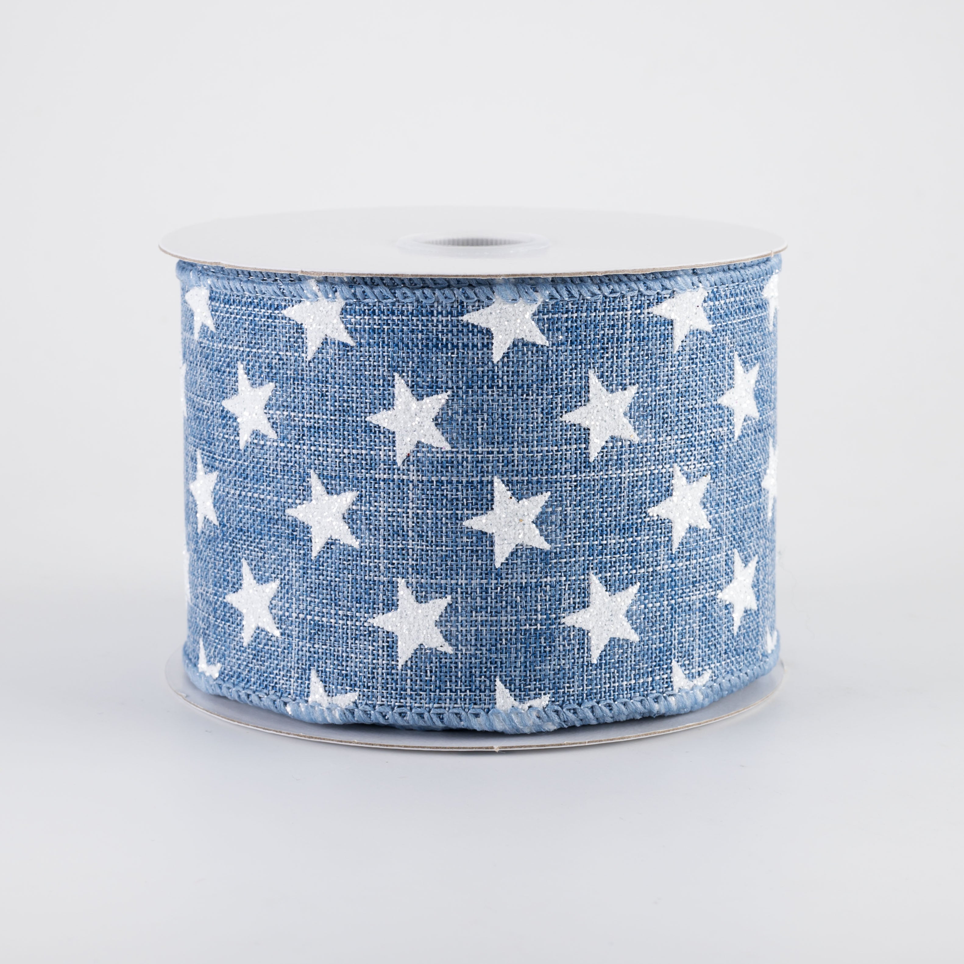 2.5" Linen Glitter Stars Ribbon: White on Denim (10 Yards)