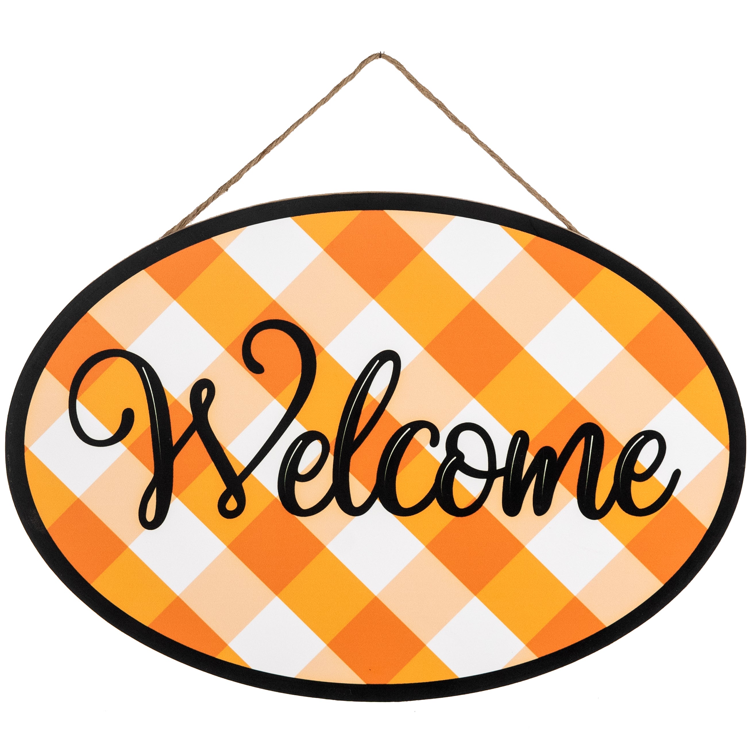15" Oval Wooden Sign: Orange Plaid Welcome
