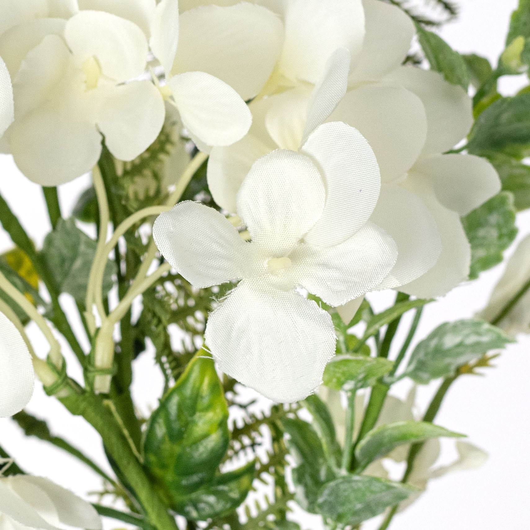 18" Hydrangea Blossoms & Mixed Leaves Pick: Cream