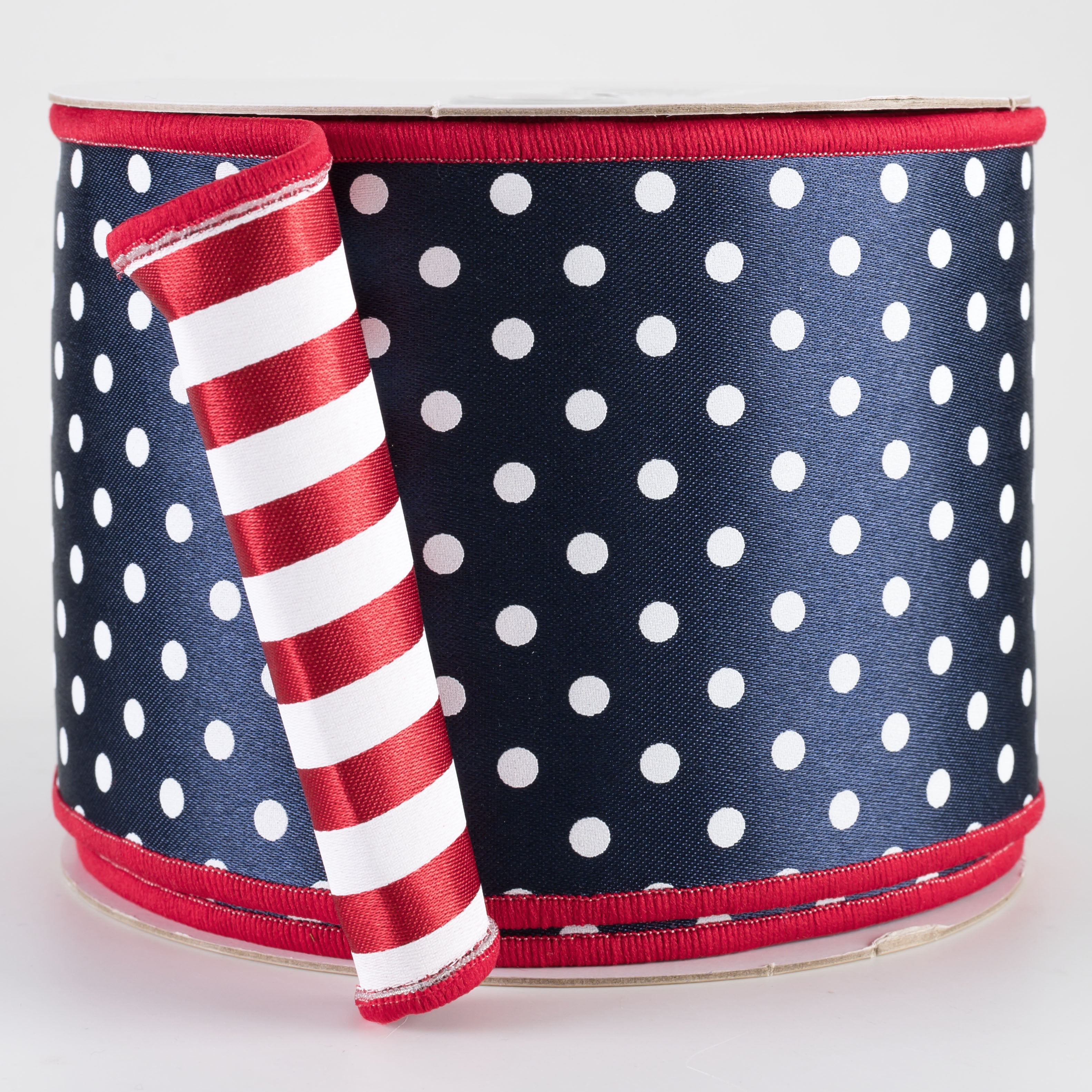 4" Double Sided Fused Polka Dot & Stripes Ribbon: Red, White & Navy (10 Yards)