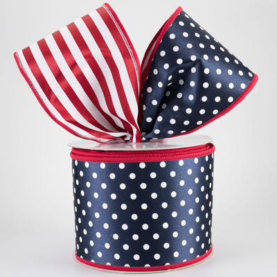 4" Double Sided Fused Polka Dot & Stripes Ribbon: Red, White & Navy (10 Yards)