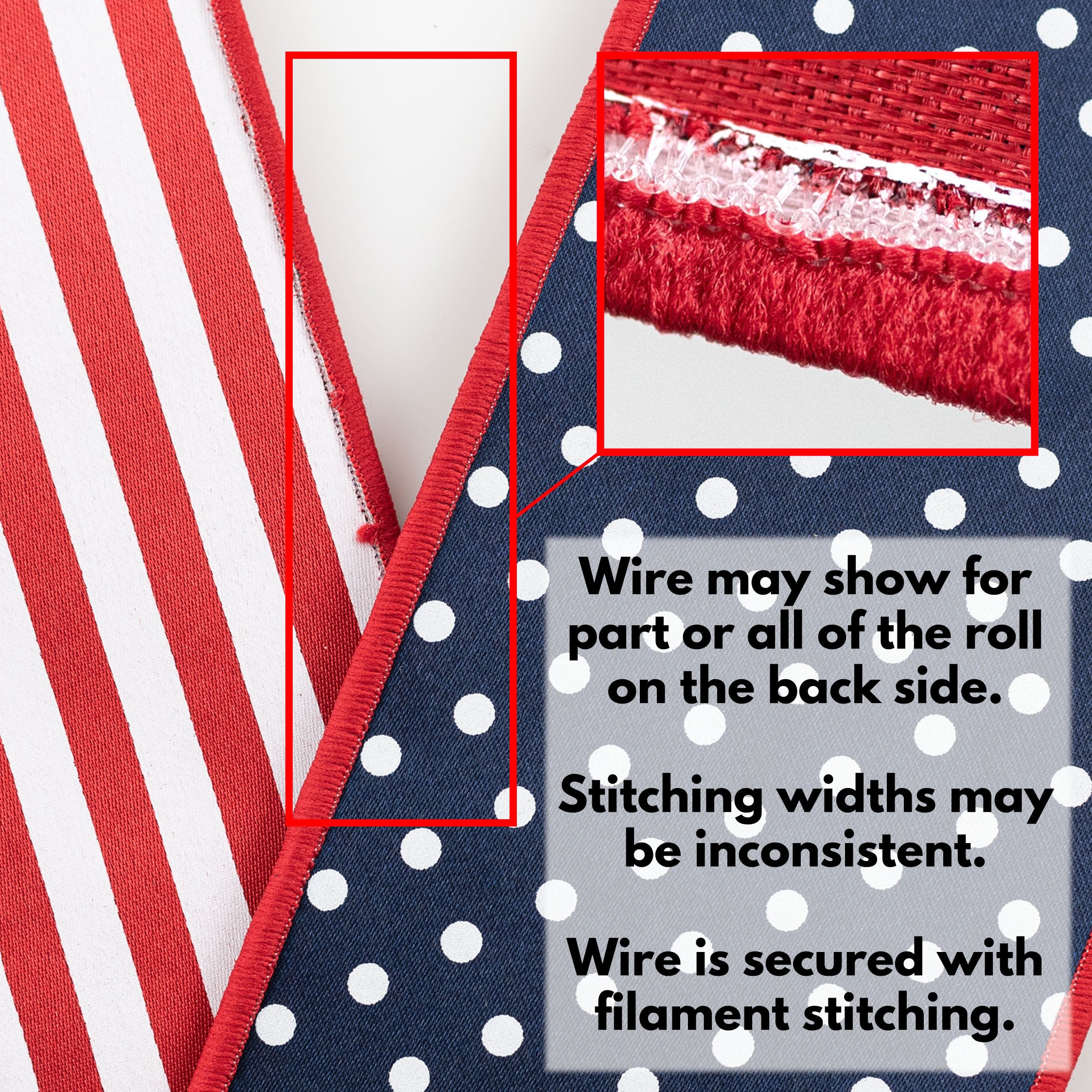 4" Double Sided Fused Polka Dot & Stripes Ribbon: Red, White & Navy (10 Yards)