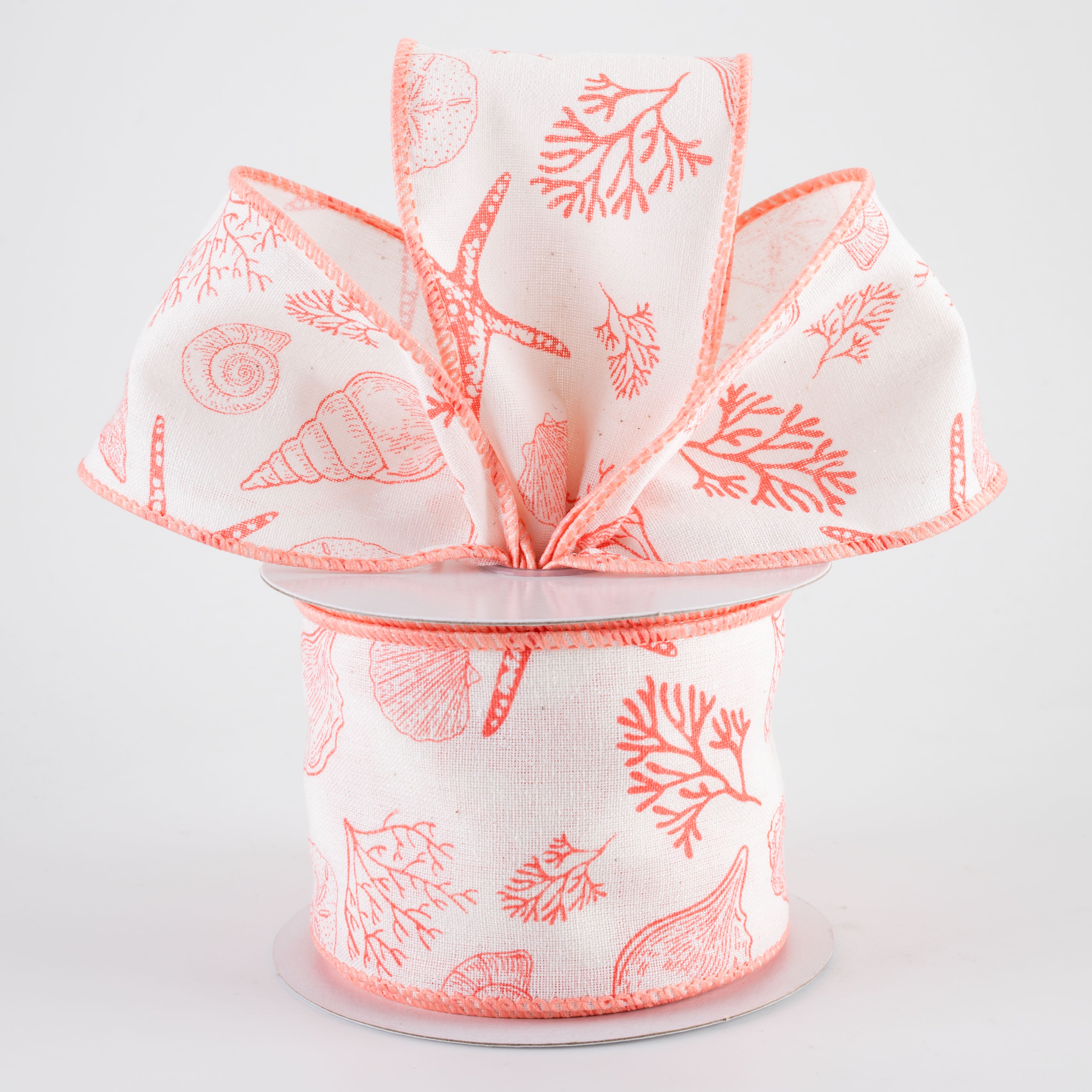 2.5" Canvas Stamped Beach Icons Ribbon: Coral on Ivory (10 Yards)