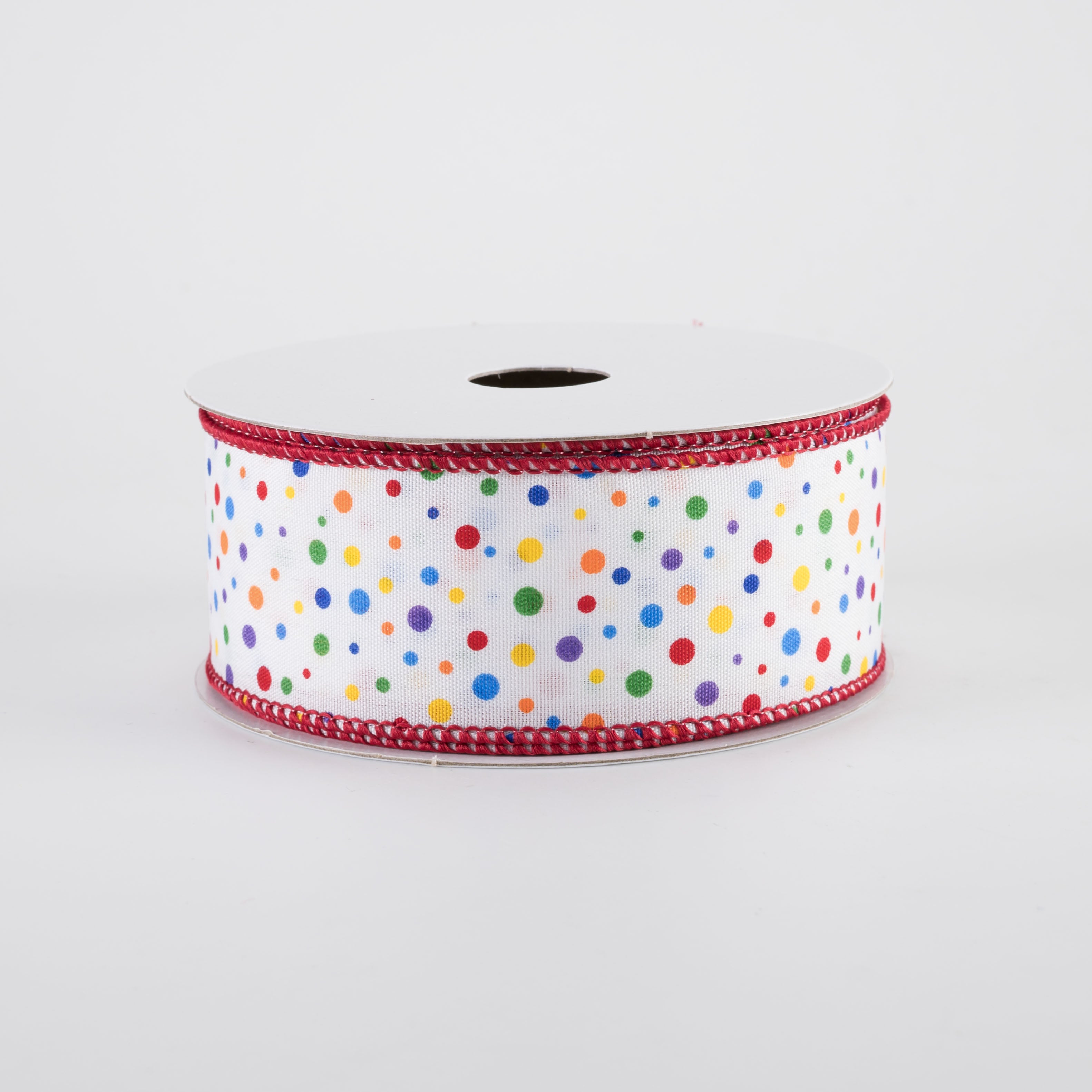 1.5" Rainbow Multi Mini Dot Ribbon: Red Edge (10 Yards)