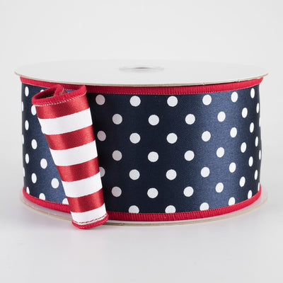 2.5" Double Sided Fused Polka Dots & Stripes Ribbon: Red, White & Navy Blue (10 Yards)