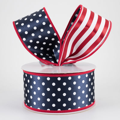2.5" Double Sided Fused Polka Dots & Stripes Ribbon: Red, White & Navy Blue (10 Yards)