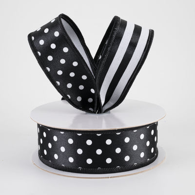1.5" Double Sided Fused Polka Dots & Stripes Ribbon: Black & White (10 Yards)