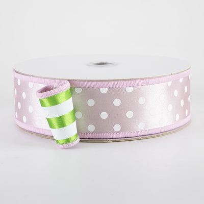 1.5" Double Sided Fused Polka Dots & Stripes Ribbon: Pink, Green & White (10 Yards)