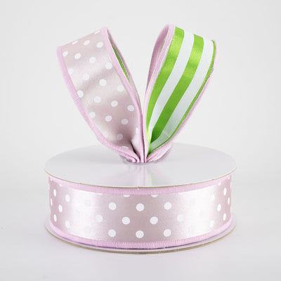 1.5" Double Sided Fused Polka Dots & Stripes Ribbon: Pink, Green & White (10 Yards)