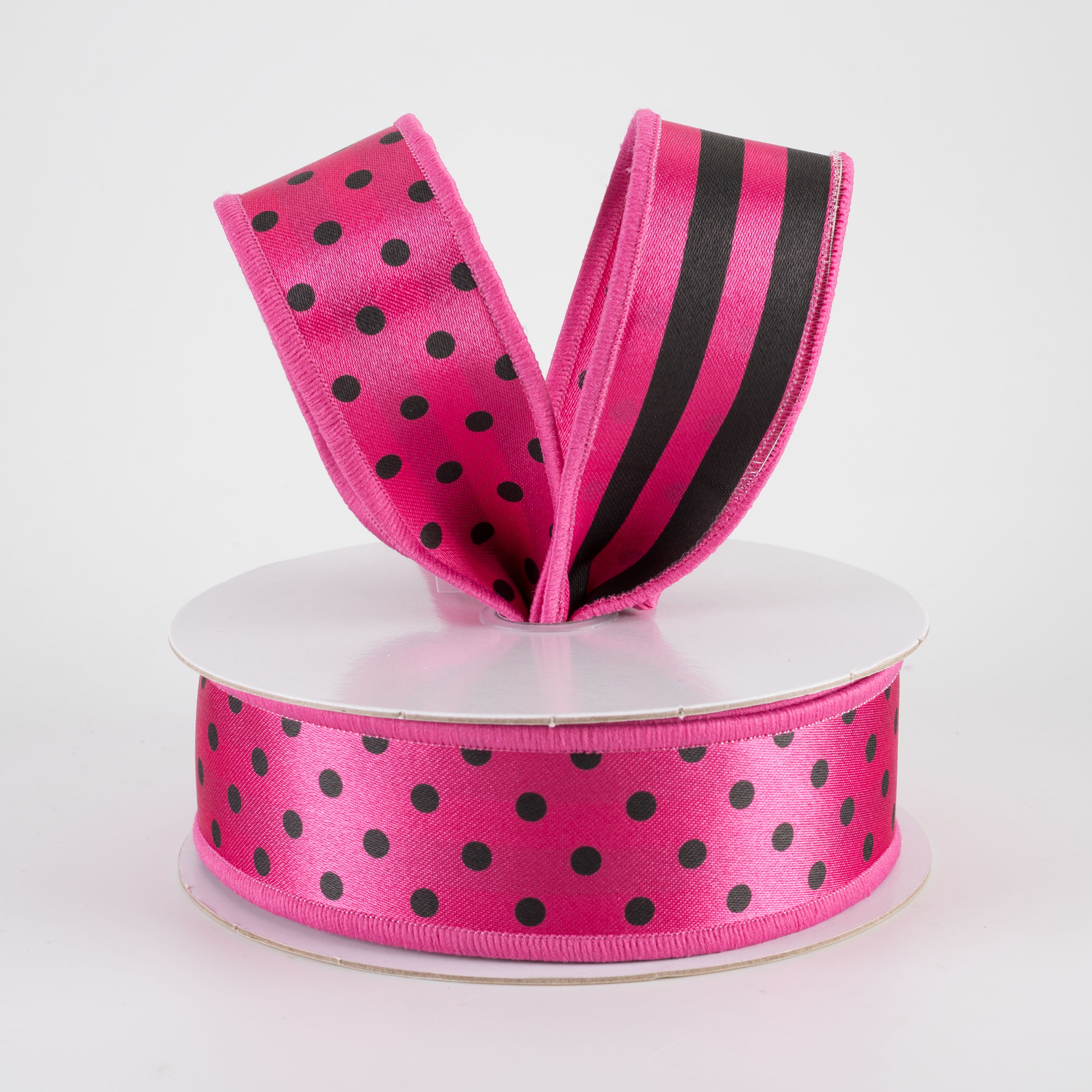 1.5" Double Sided Fused Polka Dots & Stripes Ribbon: Hot Pink & Black (10 Yards)