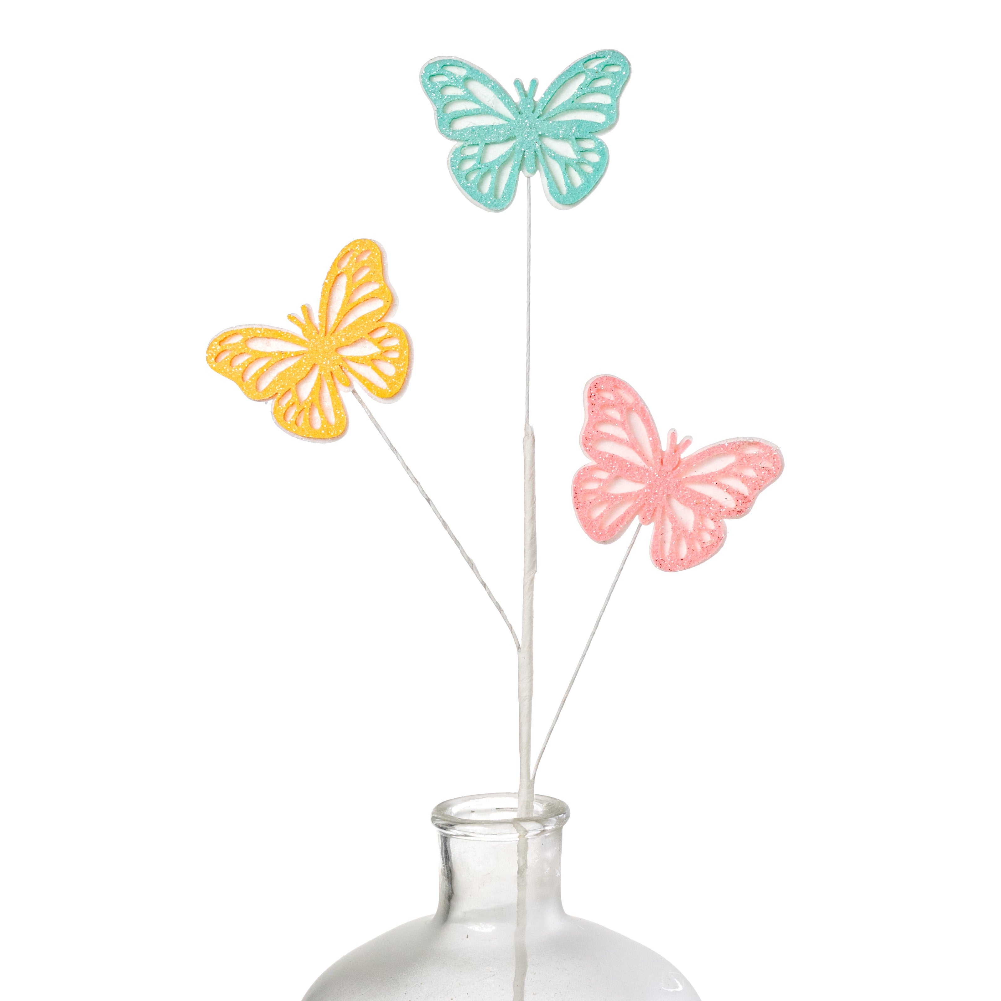 28" Glittered Felt Butterfly Spray: Yellow, Pink & Mint