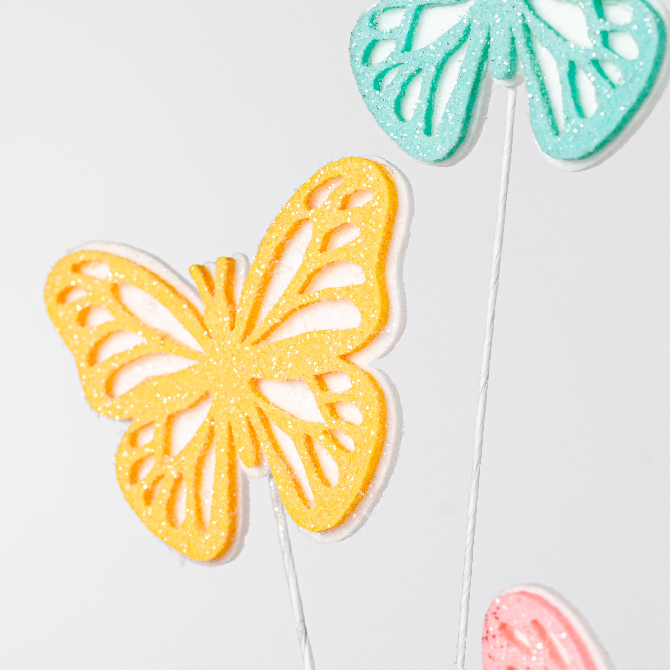 28" Glittered Felt Butterfly Spray: Yellow, Pink & Mint