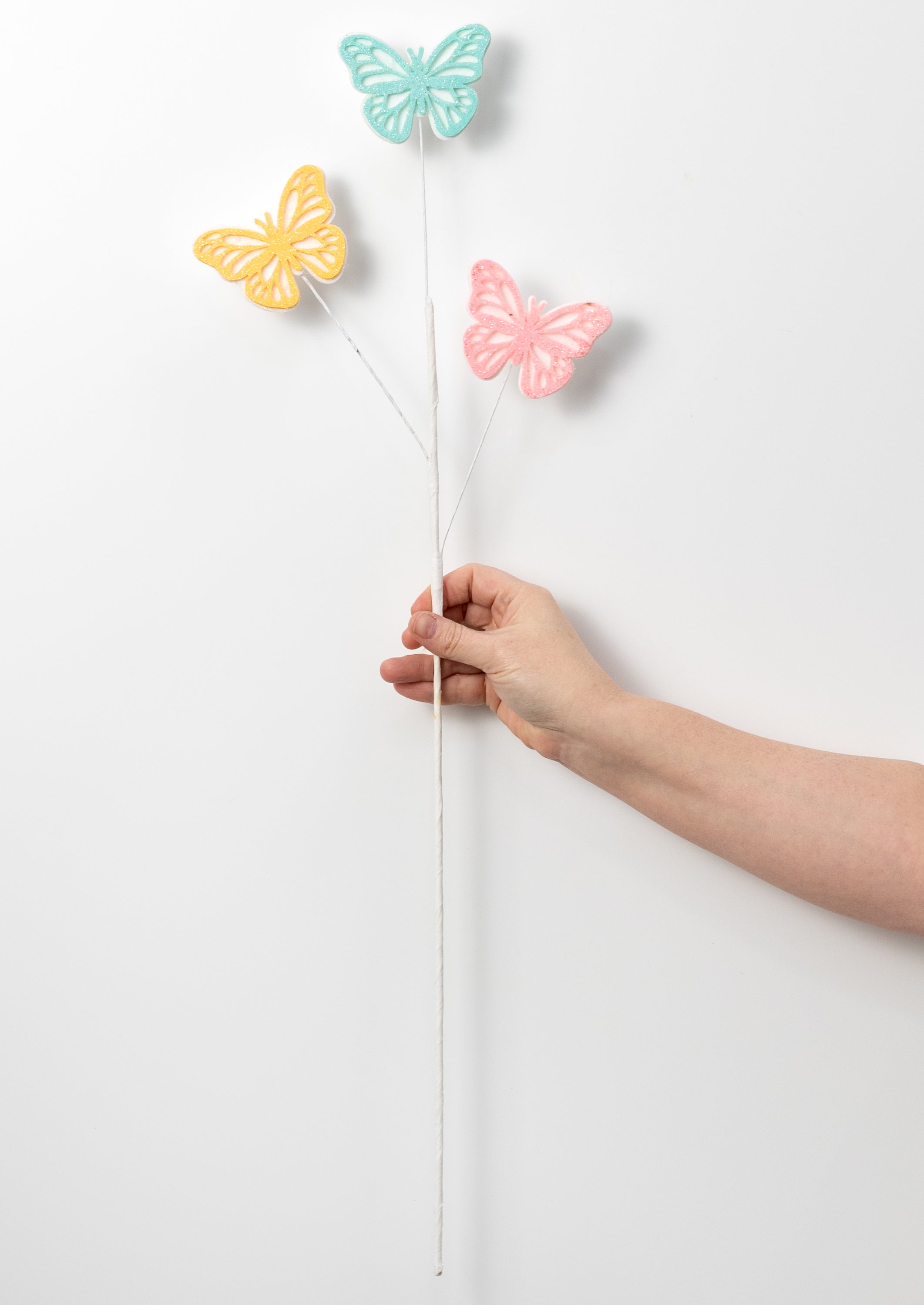 28" Glittered Felt Butterfly Spray: Yellow, Pink & Mint