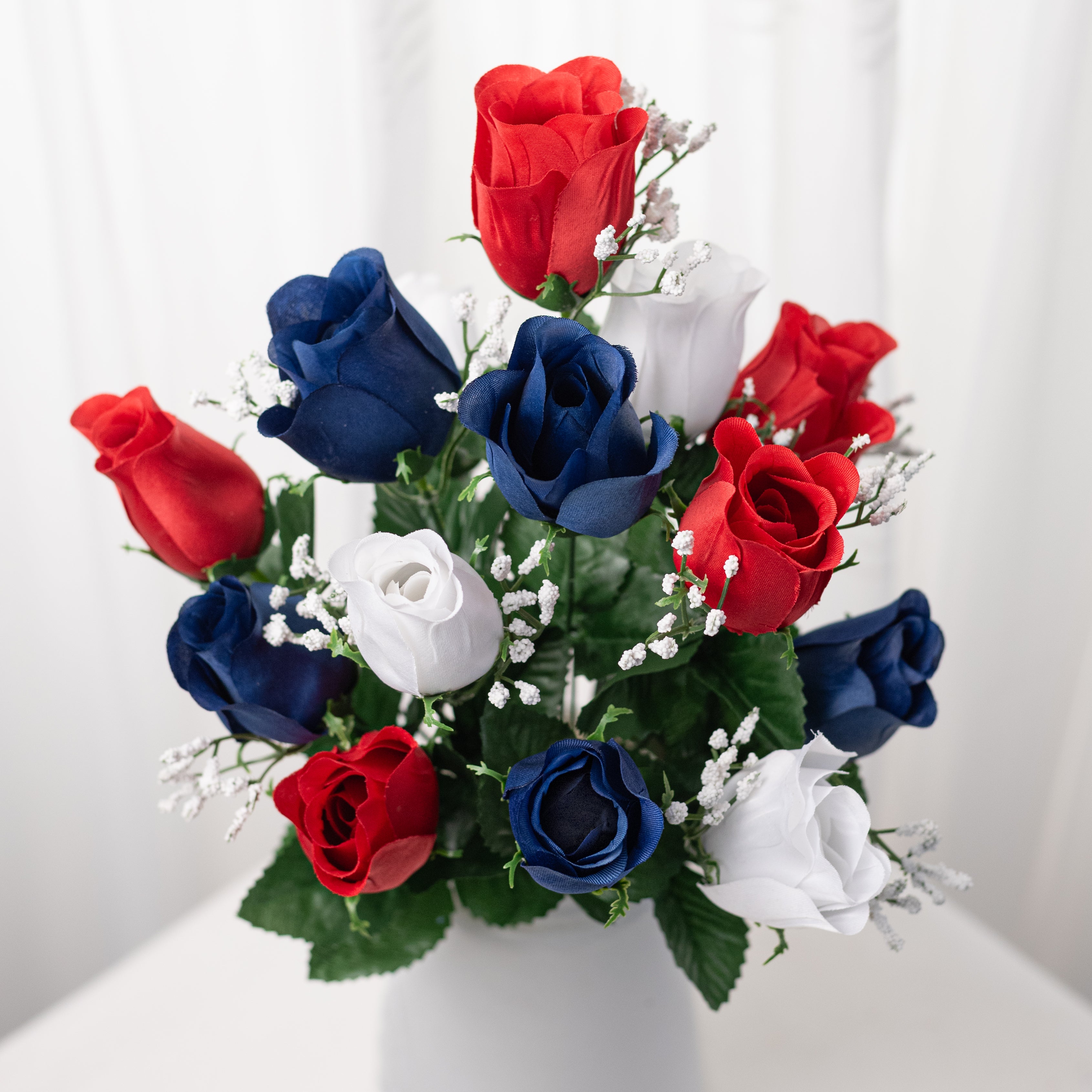 18" Colorfast Rose Bud Bush with Gypso: Red, White & Navy Blue (14 Stem)