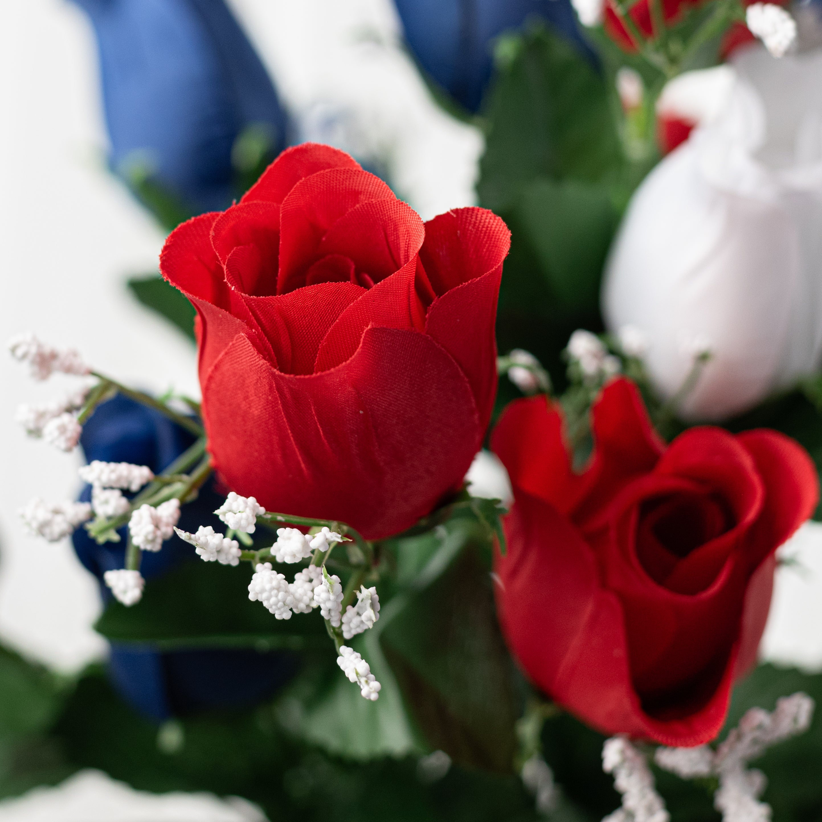 18" Colorfast Rose Bud Bush with Gypso: Red, White & Navy Blue (14 Stem)