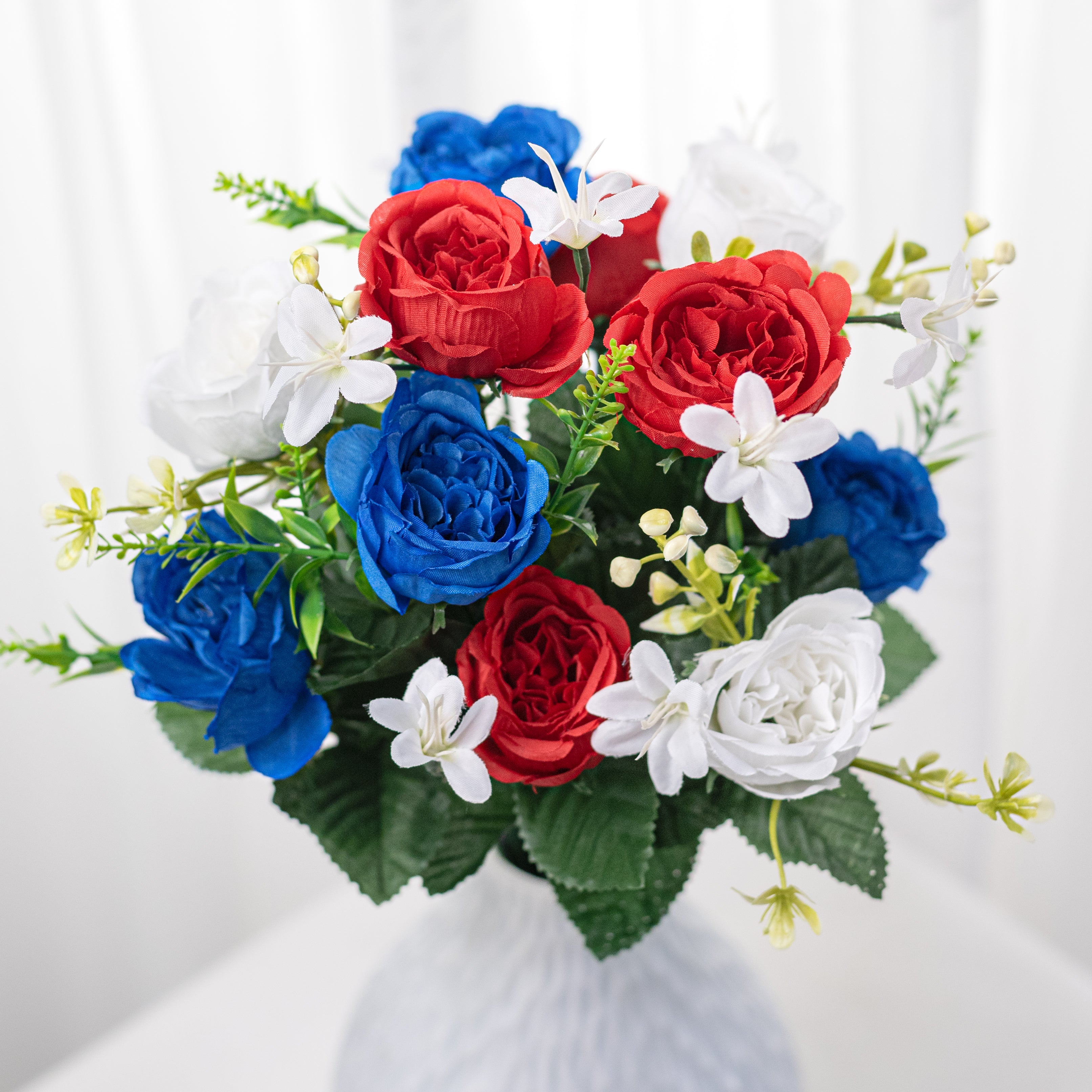 17" Mixed Peony & Greenery Bush: Red, White & Blue (12 Stem)