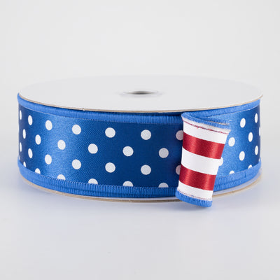 1.5" Double Sided Fused Polka Dots & Stripes Ribbon: Red, White & Royal Blue (10 Yards)