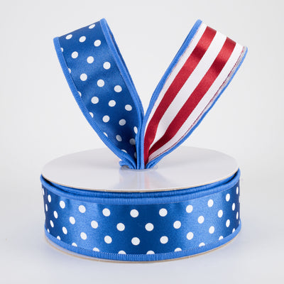 1.5" Double Sided Fused Polka Dots & Stripes Ribbon: Red, White & Royal Blue (10 Yards)