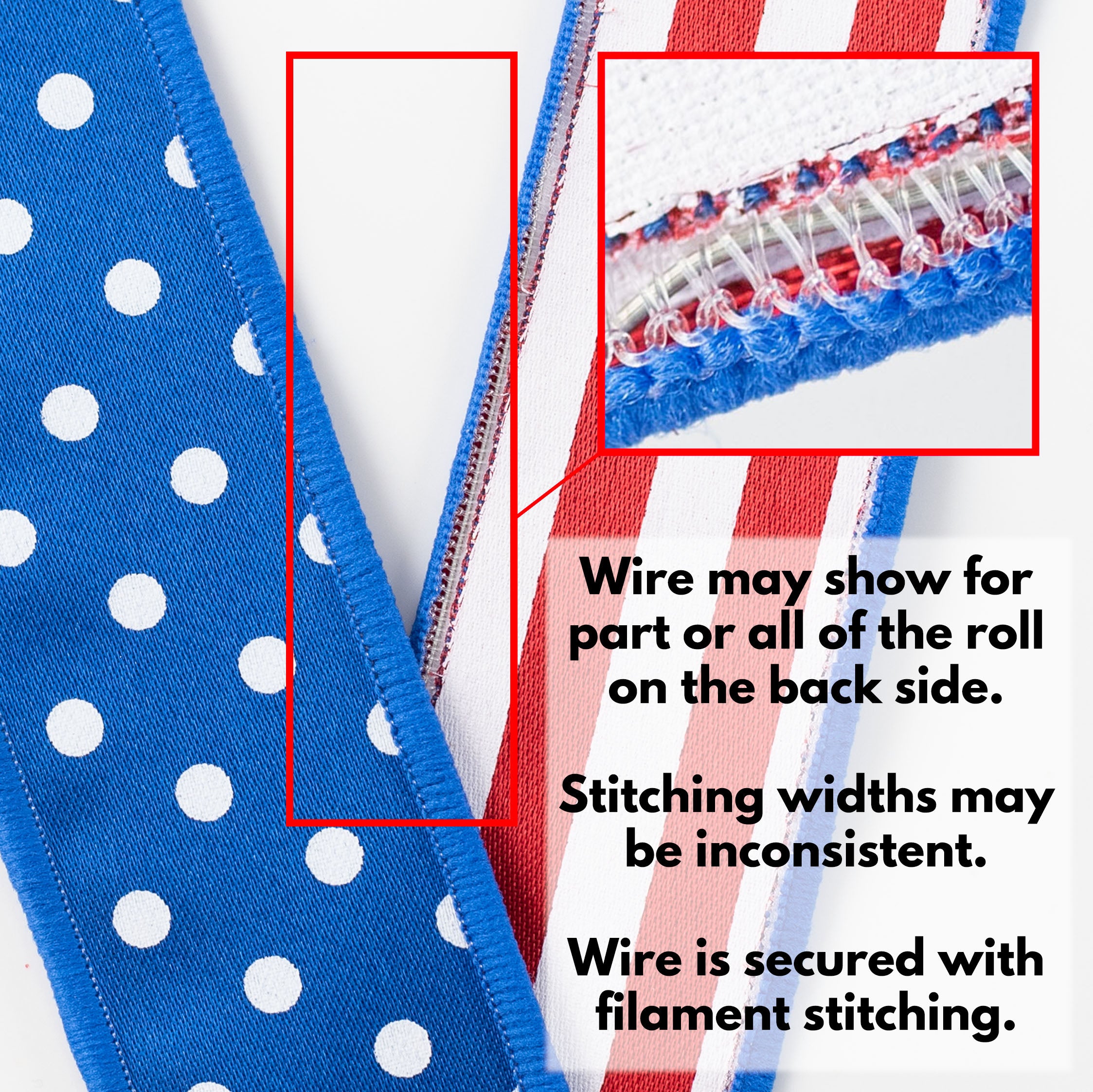 1.5" Double Sided Fused Polka Dots & Stripes Ribbon: Red, White & Royal Blue (10 Yards)