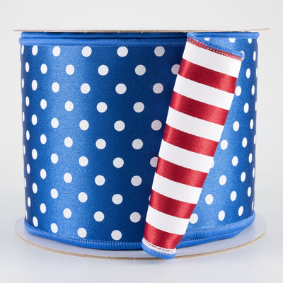 4" Double Sided Fused Polka Dots & Stripes Ribbon: Red, White & Royal Blue (10 Yards)