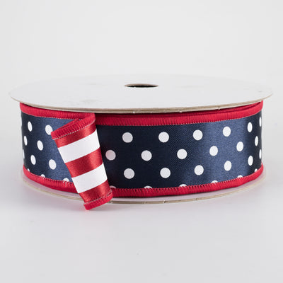 1.5" Double Sided Fused Polka Dots & Stripes Ribbon: Red, White & Navy Blue (10 Yards)