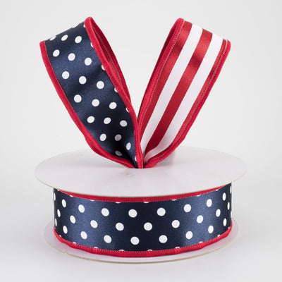 1.5" Double Sided Fused Polka Dots & Stripes Ribbon: Red, White & Navy Blue (10 Yards)