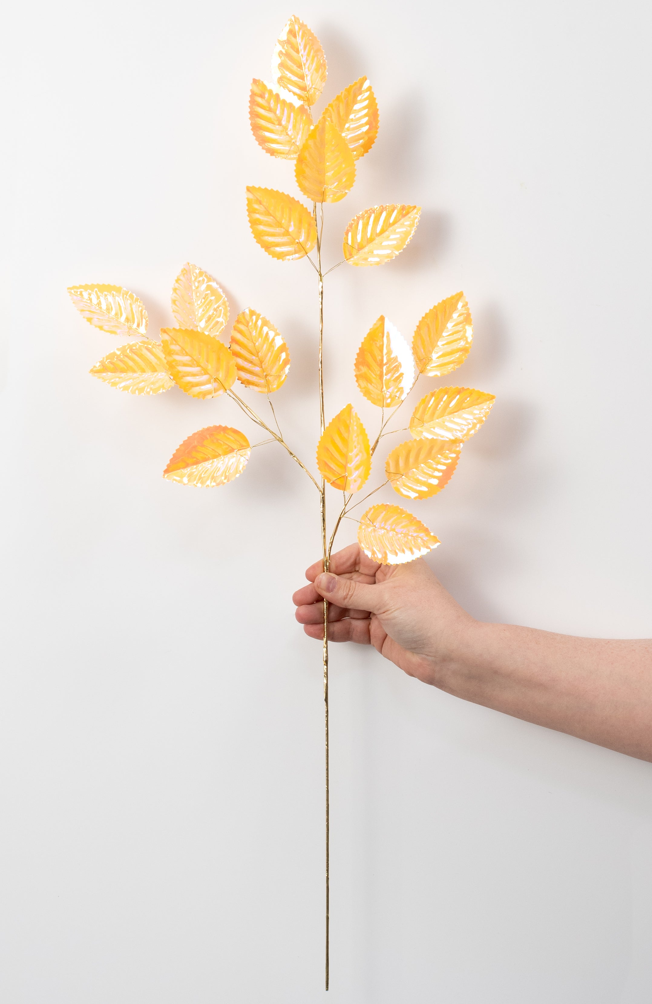 28" Plastic Hydrangea Leaves Spray: Iridescent Yellow