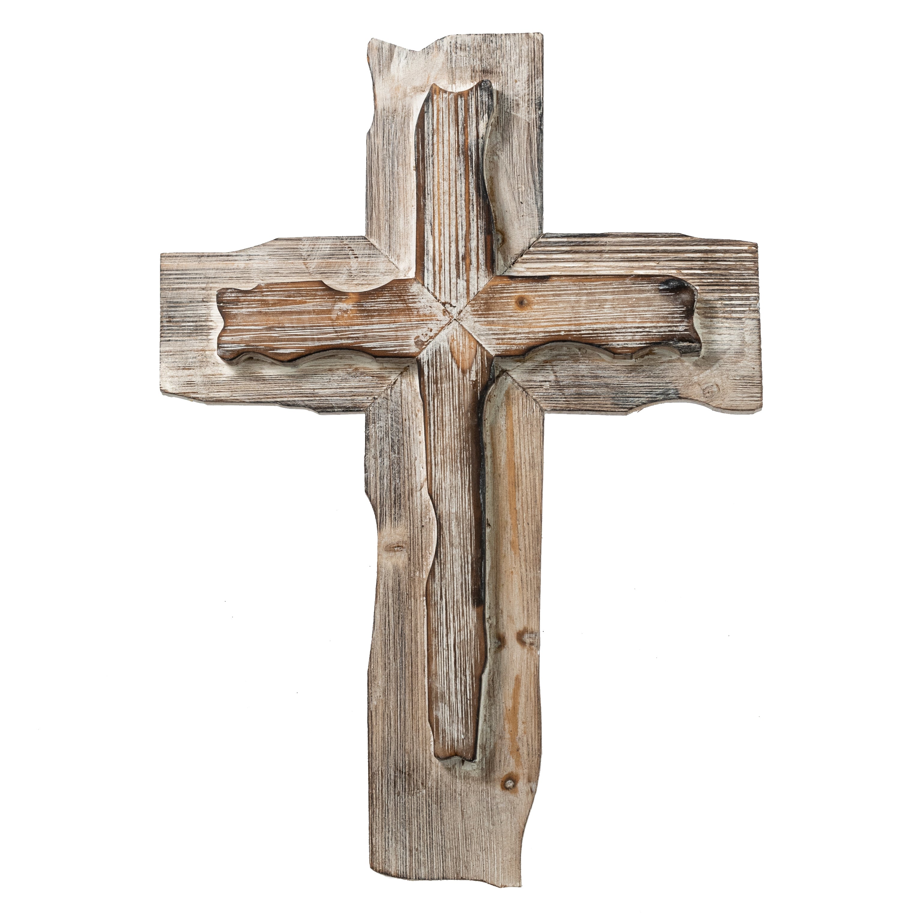 16" Wooden Cross Hanger: Brown & Whitewash