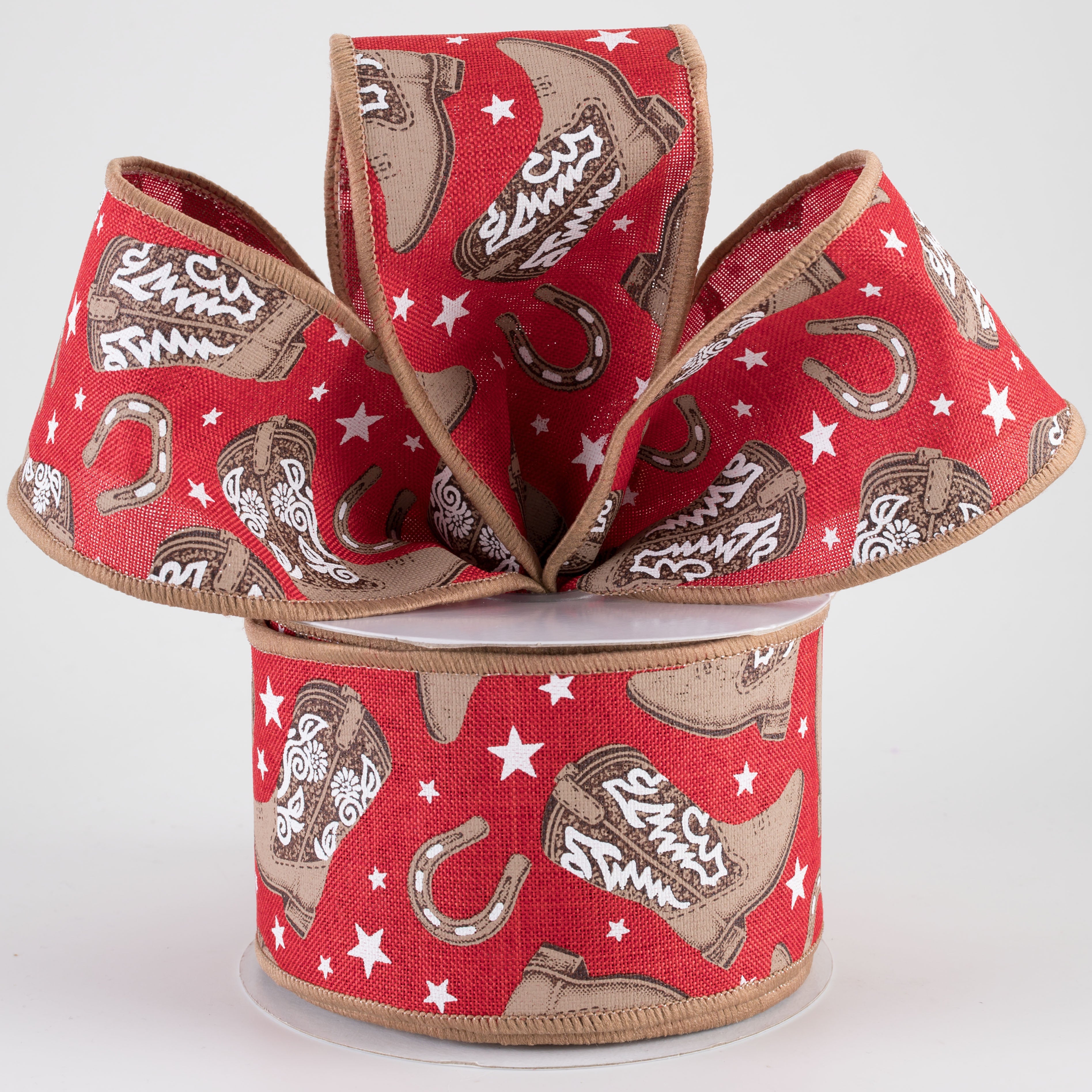 2.5" Cowboy Boots & Horseshoes Ribbon: Red (10 Yards)