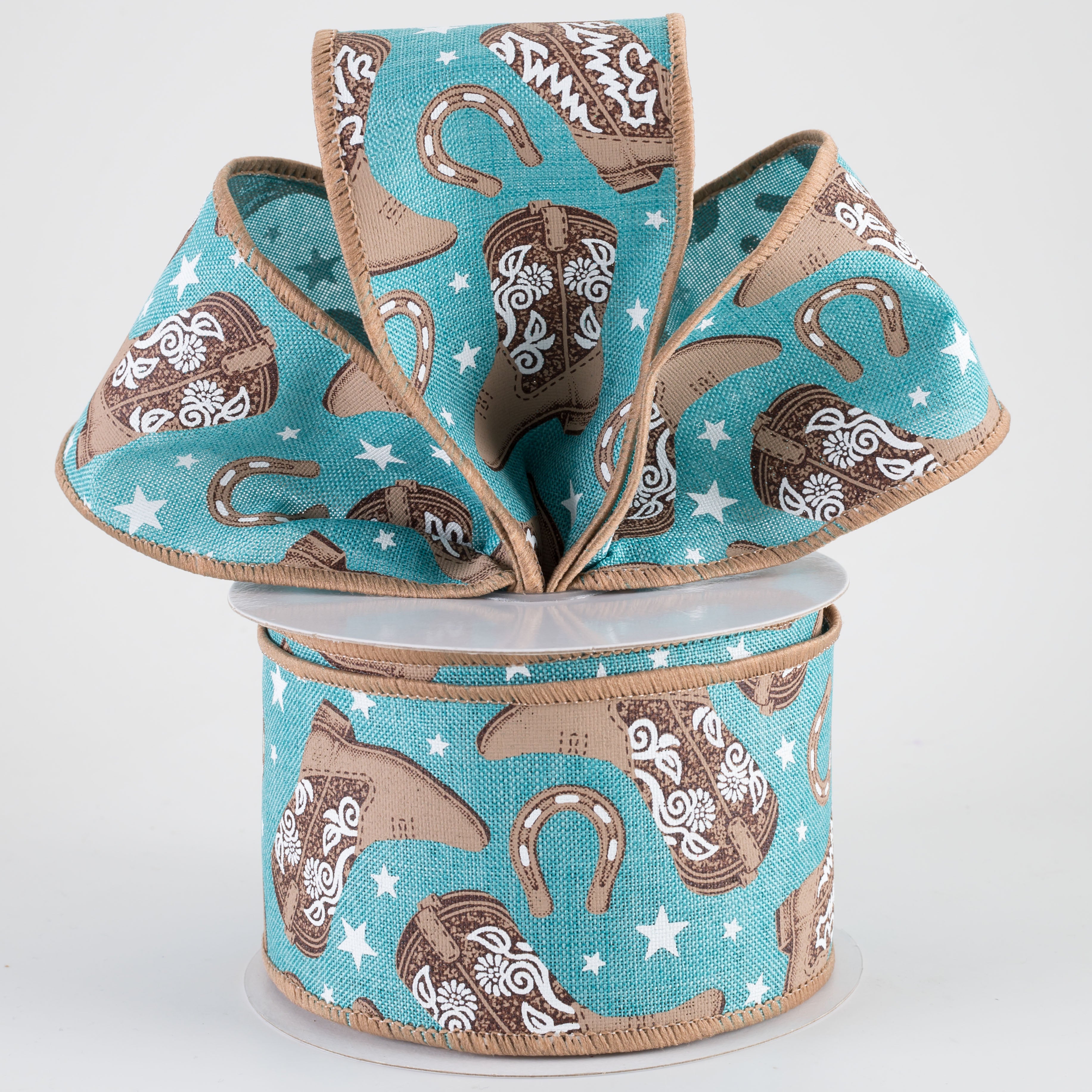 2.5" Cowboy Boots & Horseshoes Ribbon: Light Teal (10 Yards)