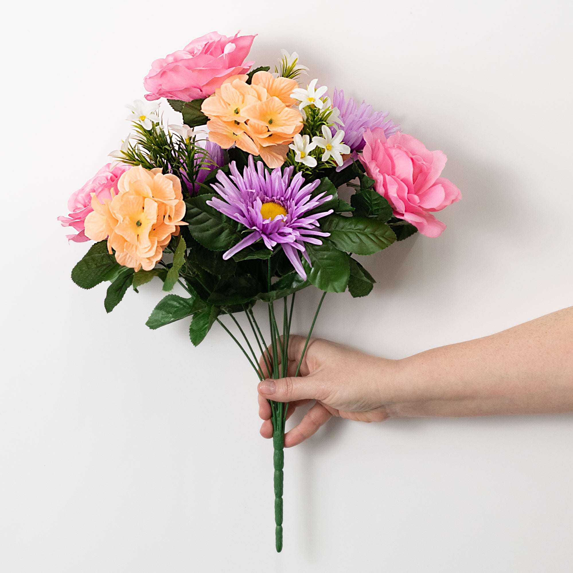 18" Rose, Hydrangea & Daisy Bush: Pink, Lavender & Peach (12 Stem)