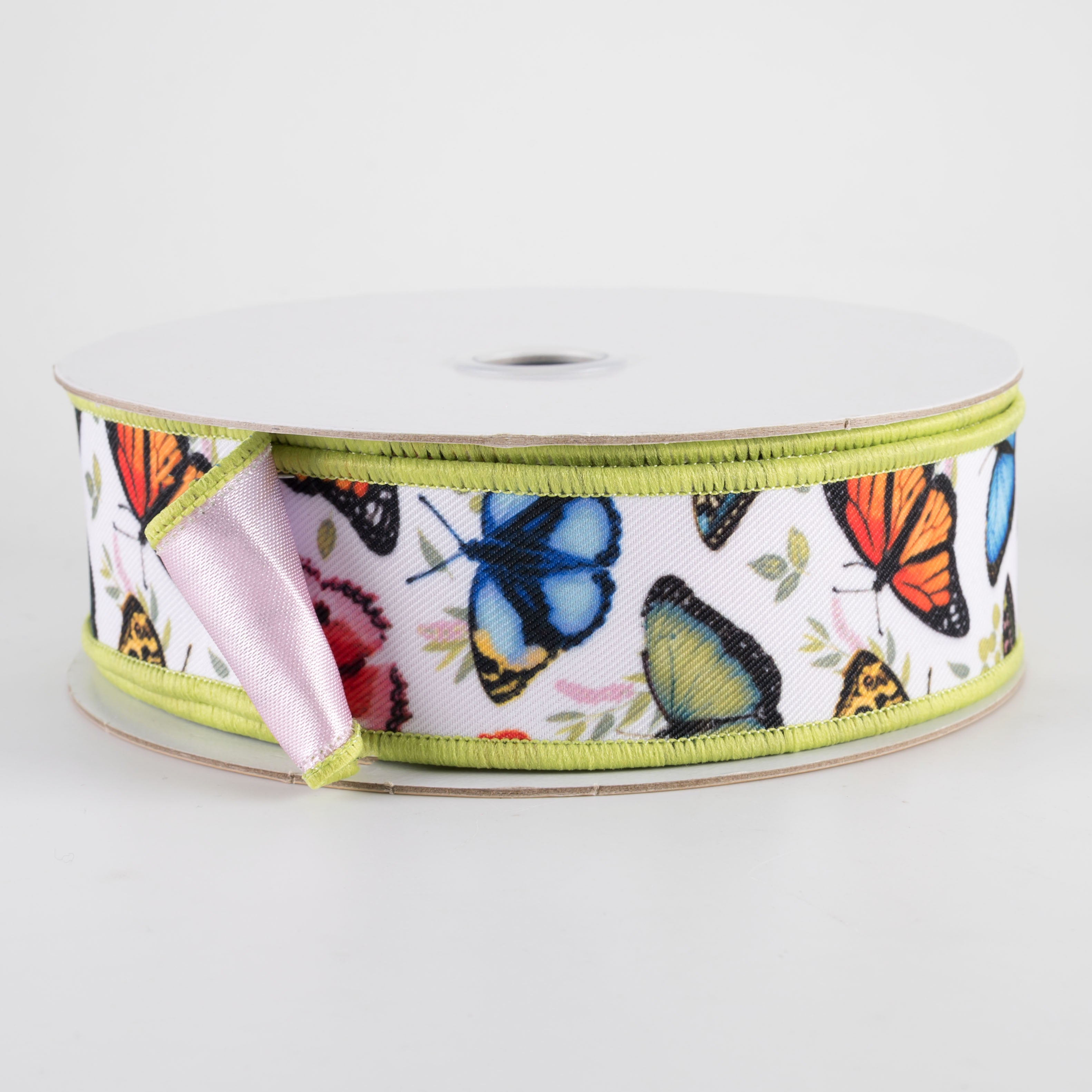 1.5" Double Sided Fused Multicolor Butterflies Ribbon: Pink (10 Yards)