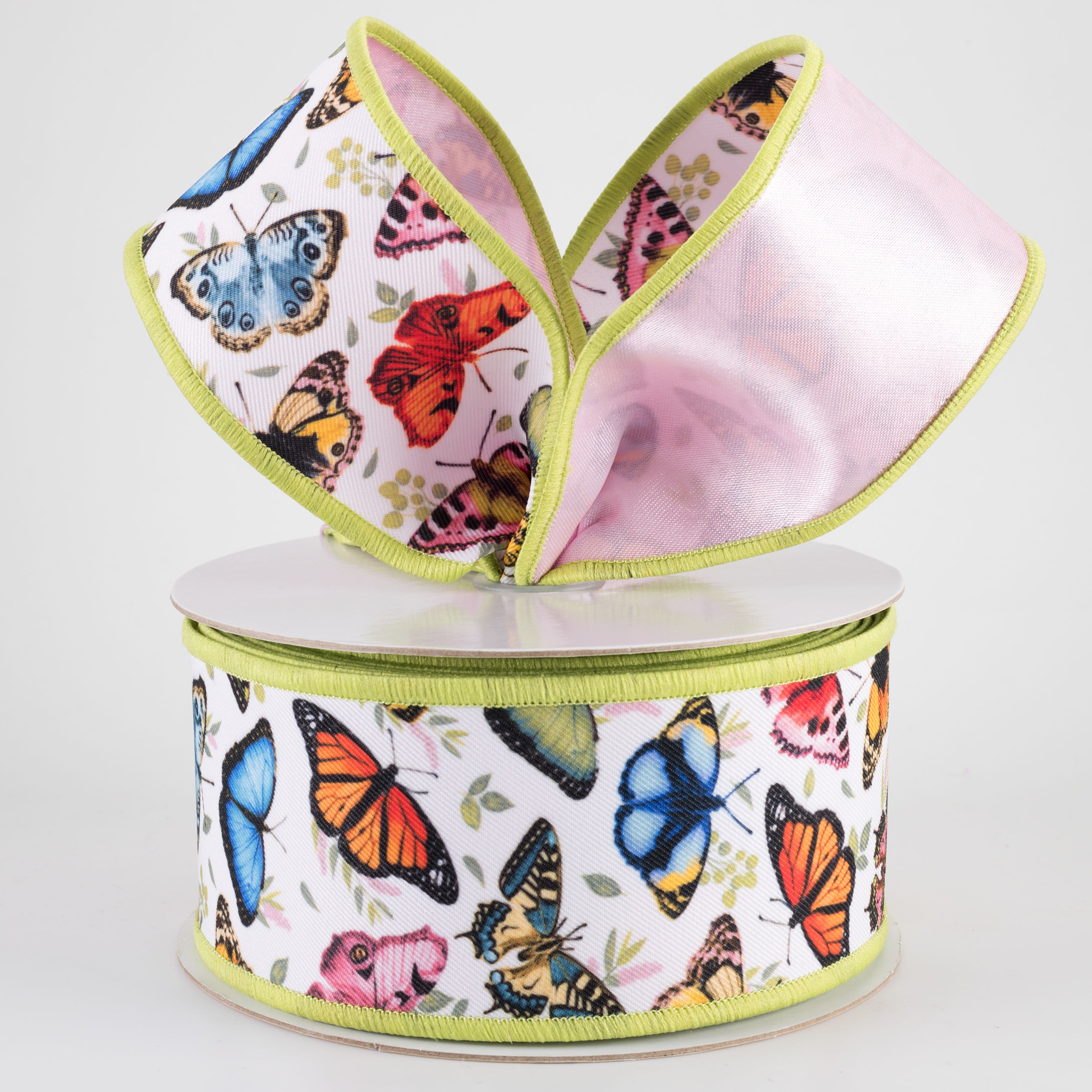 2.5" Double Sided Fused Multicolor Butterflies Ribbon: Pink (10 Yards)